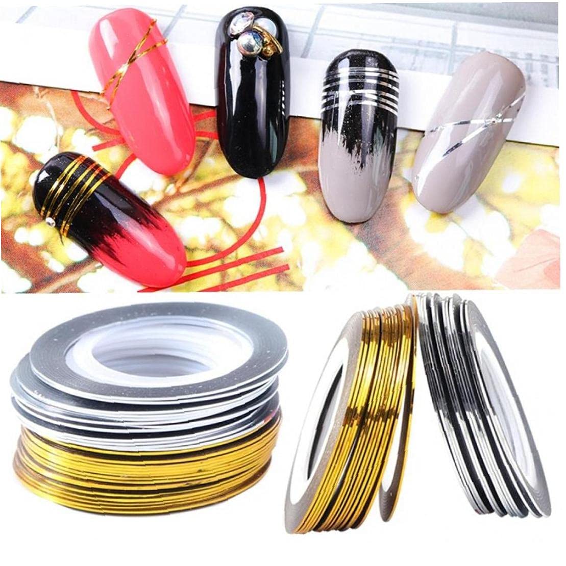 20 Rouleaux Or Argenté Bande Ruban Ligne Ligne Art Autocollants Vernis Virement Ongles Files Foils Décoration De Manucure Adhésif Décoration