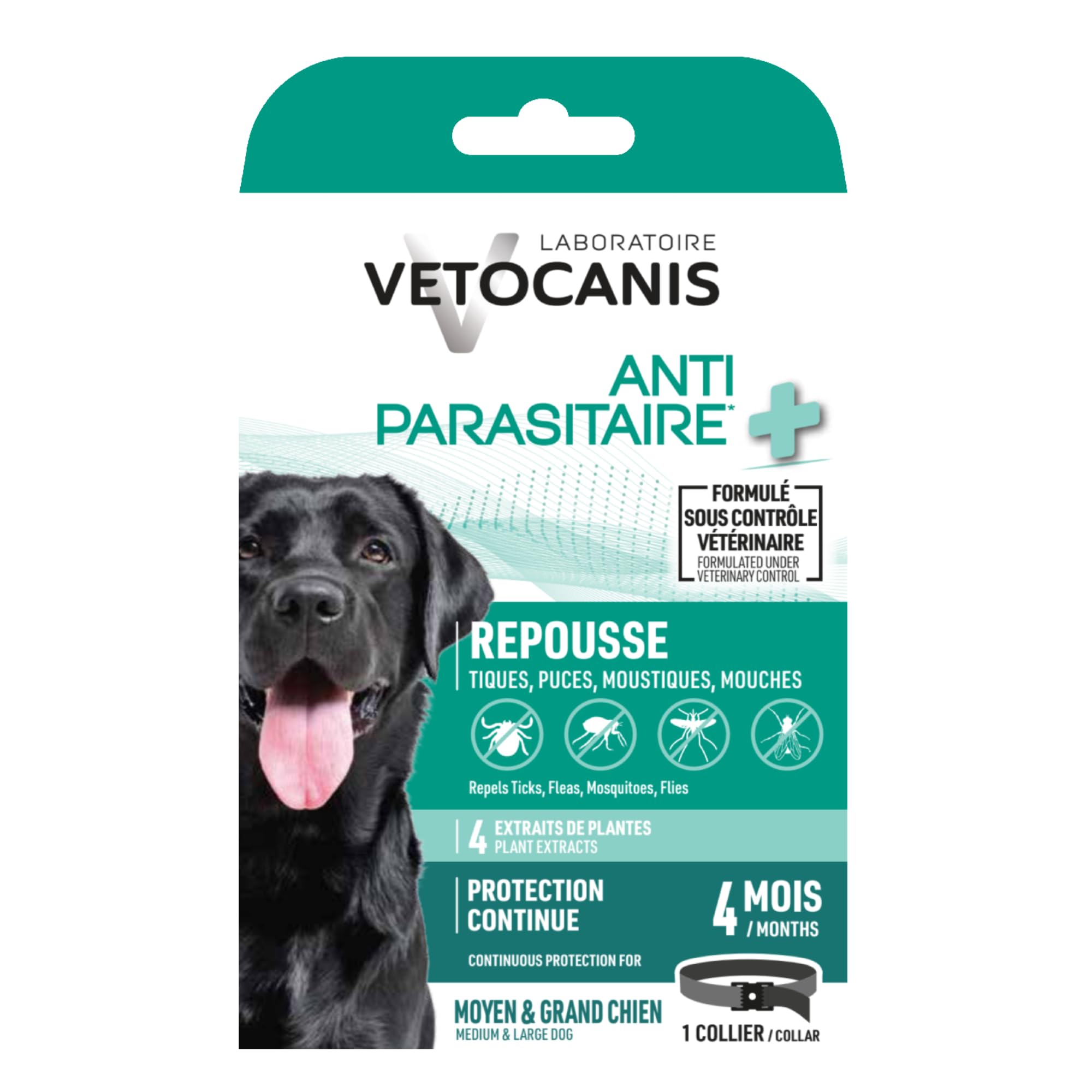 Vetocanis Halsband gegen Parasiten, mittelgroße und große Hunde – wirksames Hundehalsband für bis zu 4 Monate – 4 kombinierte Wirkstoffe – Zecken, Flöhe, Mücken und Fliegen