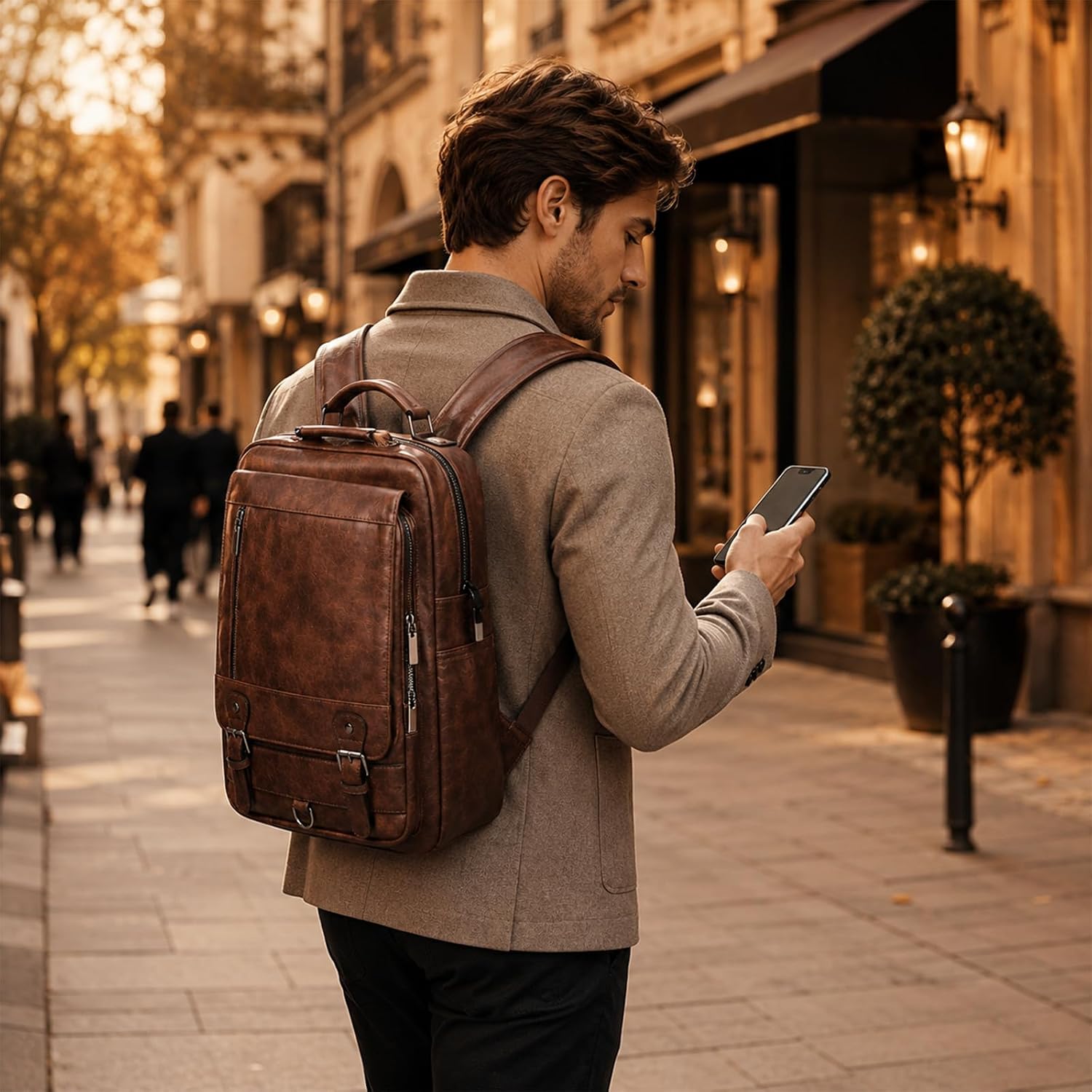 Mochila de Couro PU para Homens e Mulheres de Negócios, 15,6 polegadas, Impermeável, para Viagem, Deslocamento Diário, Leve, Mochila Escolar (Marrom)