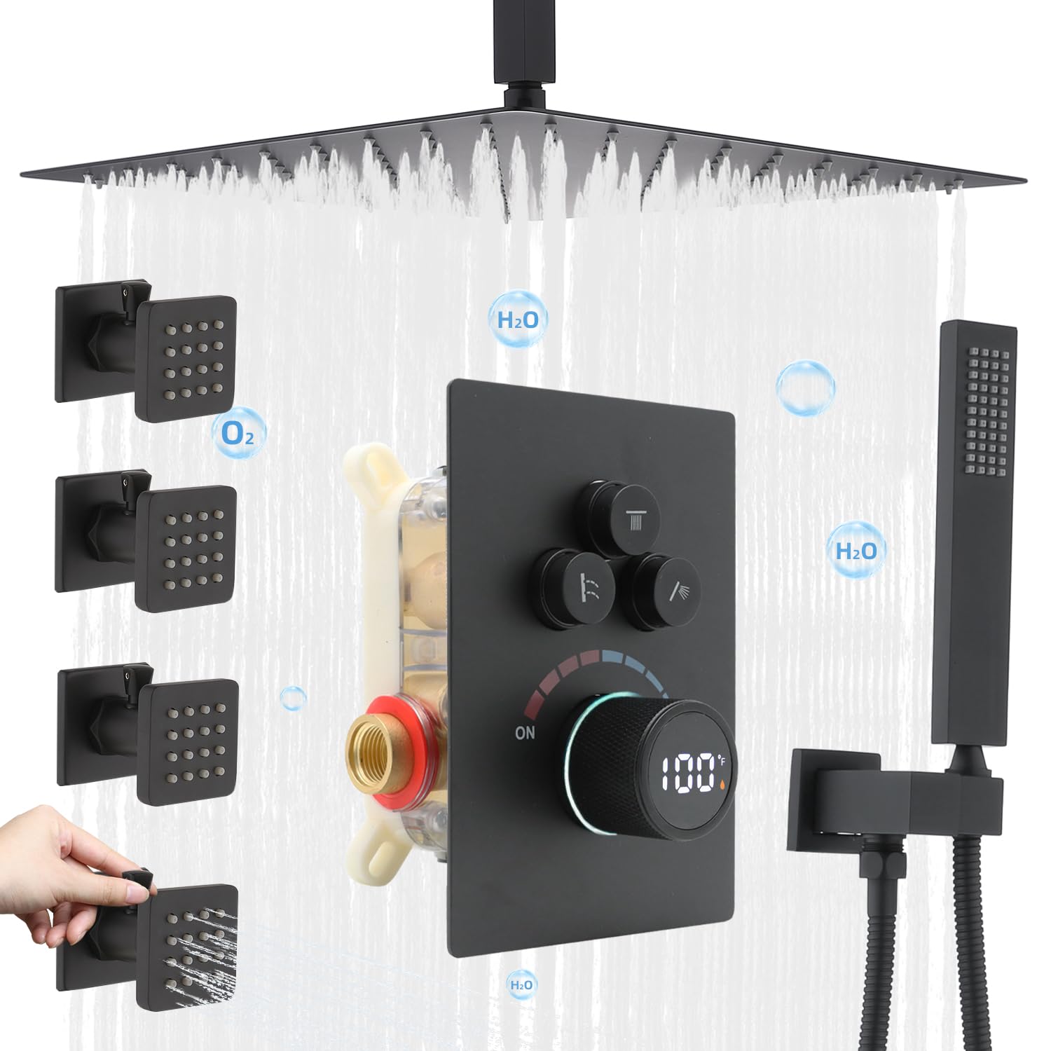 Backnets Backnets Shower System with Body Jets, 12 Inch Ceiling Mounted Rain Shower Set, Concealed 3 Way Outlet Digital Display Diverter Valve, Shower System with Valve Matte Black
