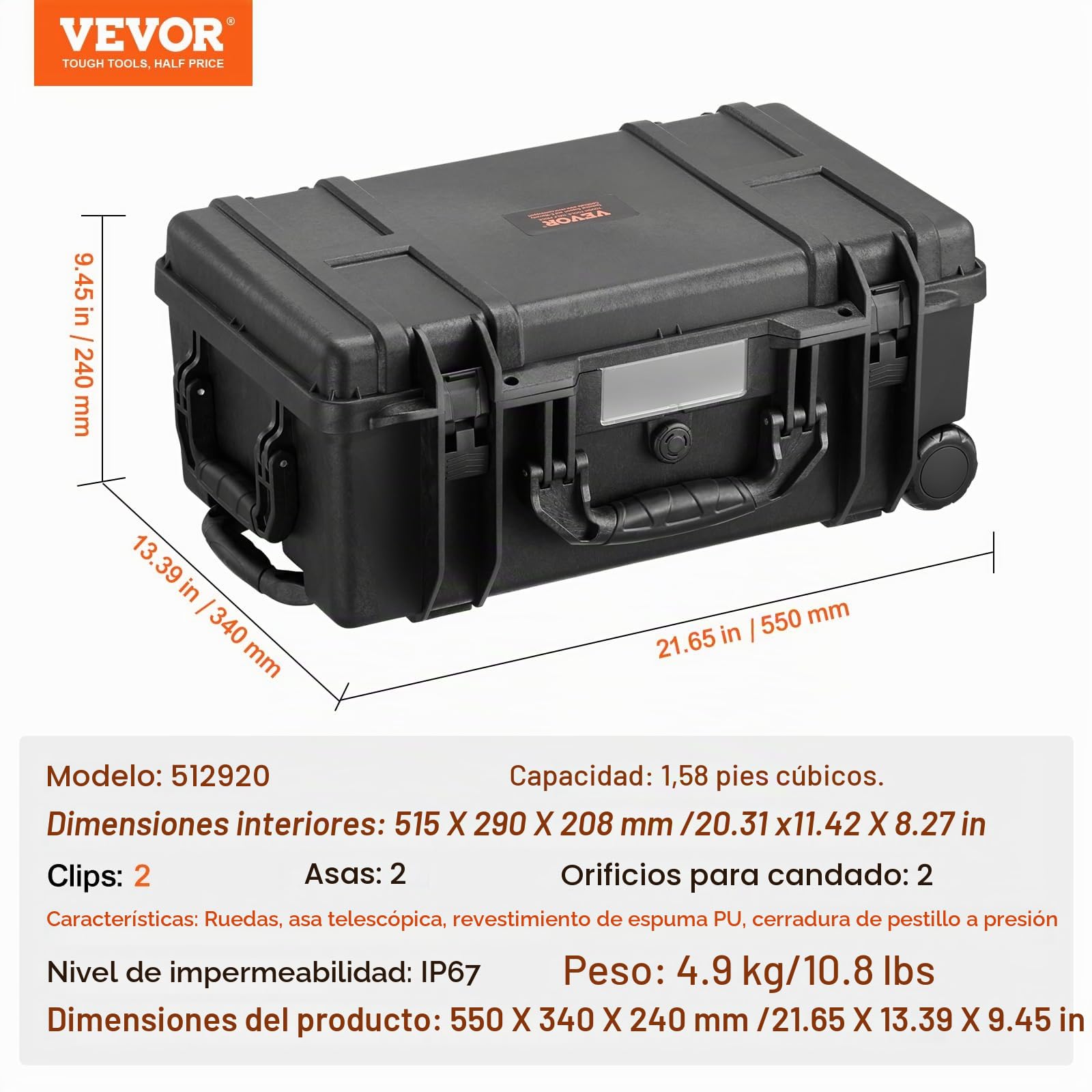 VEVOR Estuche Rígido Resistente a la Intemperie de 550 x 340 x 240 mm, Estuche Resistente con Espuma Precortada, Ruedas y Asas Retráctiles para Viajes, Caza, Uso Militar, Táctico, Impermeable IP67