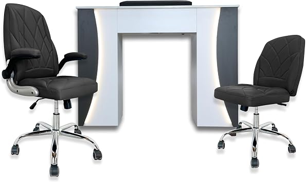Venus Manicure Table Fan and Chair Set Modern LED Nail Station Desk with Technician & Customer Chair, Ergonomic Design, Black & White Finish Espresso, Black