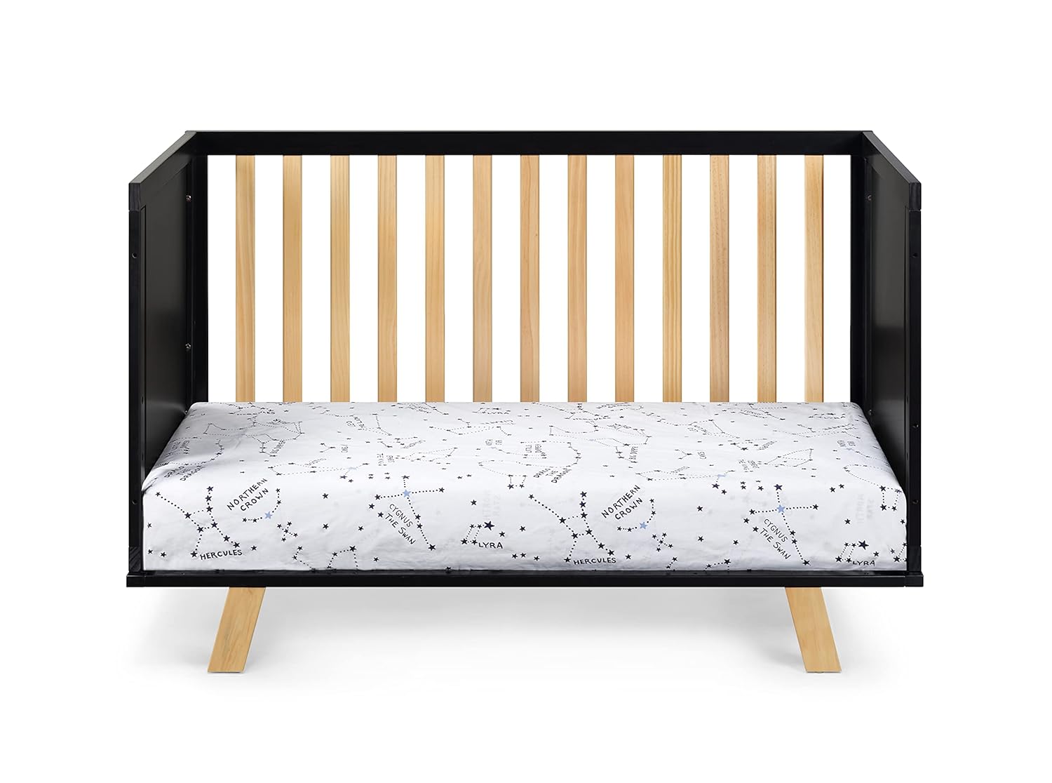 Angled view of the Suite Bebe Livia Crib converted into a daybed, with one side rail removed.