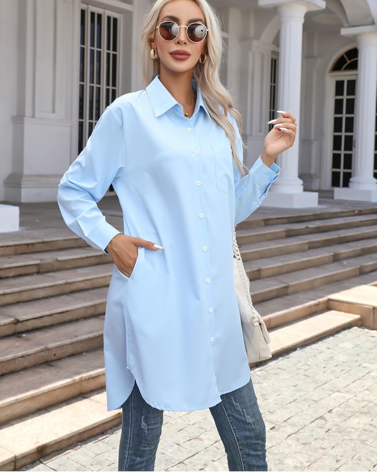 Women's Casual Button Down Shirts Long Sleeve Oversize Blouse Loose Shirt Dress with Side Pockets - Image 3