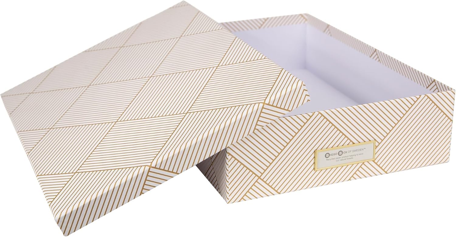 Bigso Oskar Fiberboard Label Frame Document Letter Box for Important Paperwork A4 or Letter Size - Durable Keepsake Box with Lid and Metal Label Holder - 3.3in x 10.2in x 13.8in - Golden Square