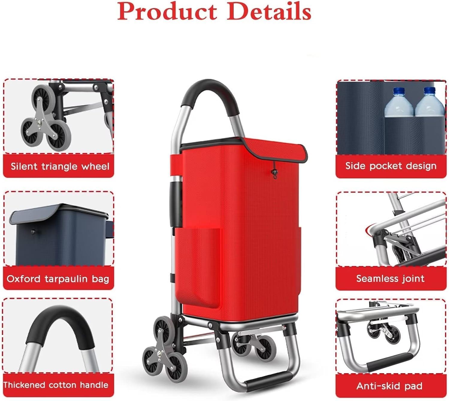 Mobile Tool Trolley 6-Wheel Folding Shopping Cart, Stair Climbing Function, 36-Litre Capacity