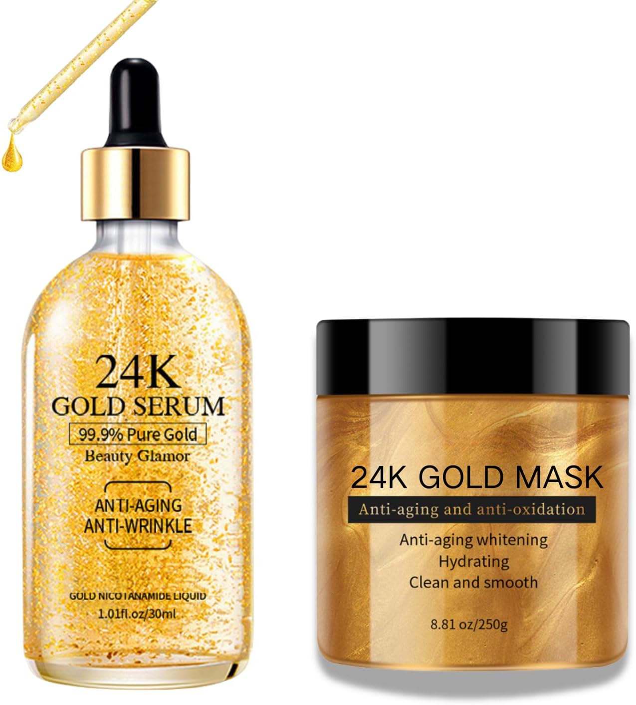 24K Gold Skin Care Set-Anti-Aging Face Serum&Collagen Peel Off Mask,Korean Skin Care Glow Collagen Booster Serum with Dark Spots Remover&Gold Face Mask For Flawless&Moisturizes Skin,Blackhead Remover