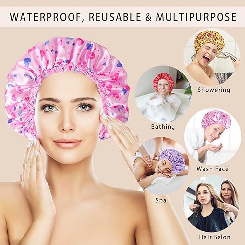 Vista 18 de Gorros de ducha para mujer, 4 gorras de baño elásticas y reutilizables, doble capa impermeable, gorras de ducha de baño, sombrero de baño