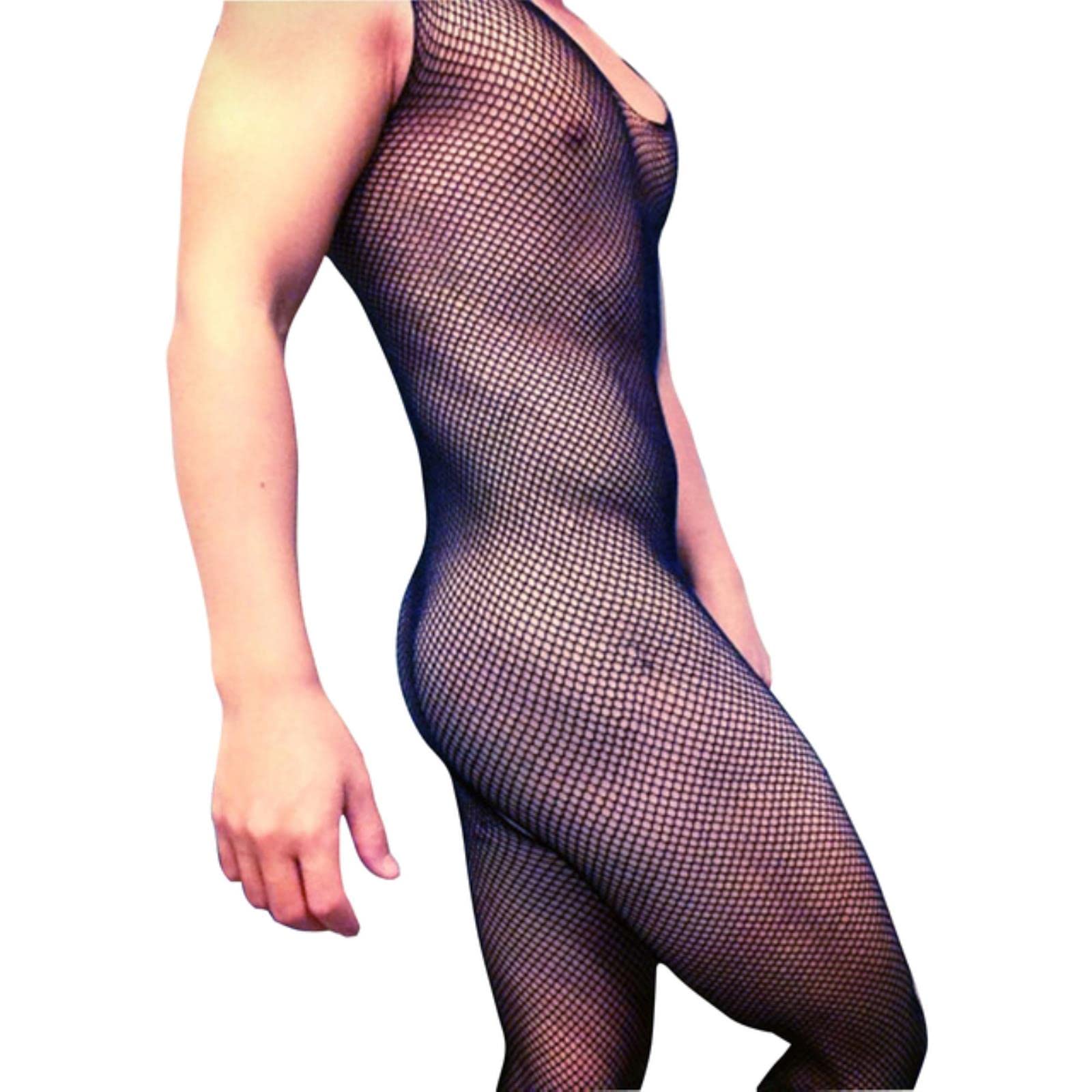 Piyax Men's Black Exotic Sleeveless Body Stocking Open Crotch Jumpsuit Fishnet Bodysuit Adult Sexy Lingerie