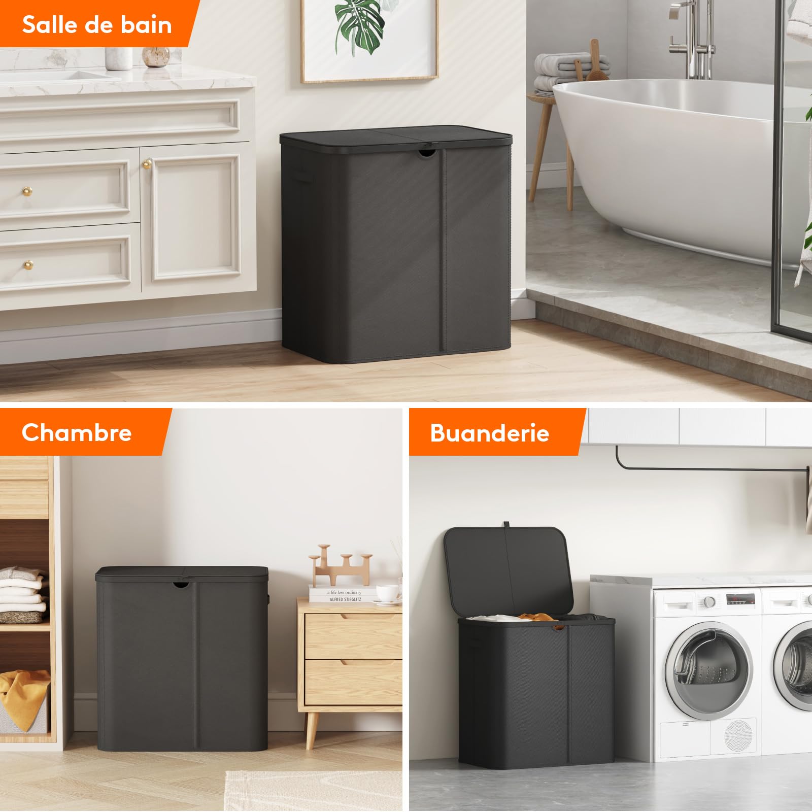 Lifewit Panier à linge Sale avec Couvercle, Grande Corbeille Linge Pliable 3 Compartiments avec Sacs Amovibles, Laundry Basket pour Chambre, Salle de Bain, Dortoir et Buanderie, 150L, Noir