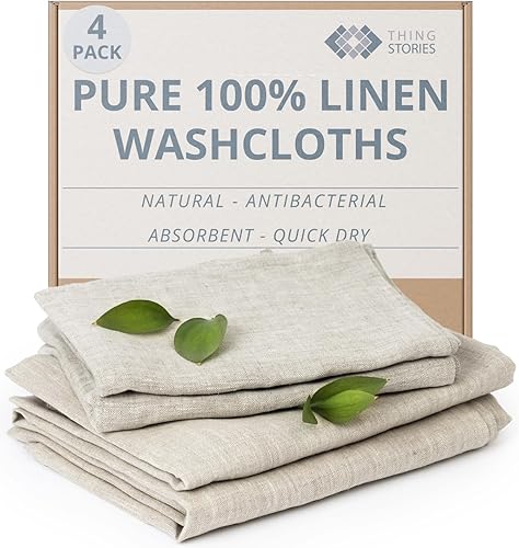 Pure 100% Linen Flax Washcloths - 4-Pack Natural Linen Dish Towels and Dish Cloths Set - Tea Towel Cloth Napkins - Small Hand Towels for Kitchen