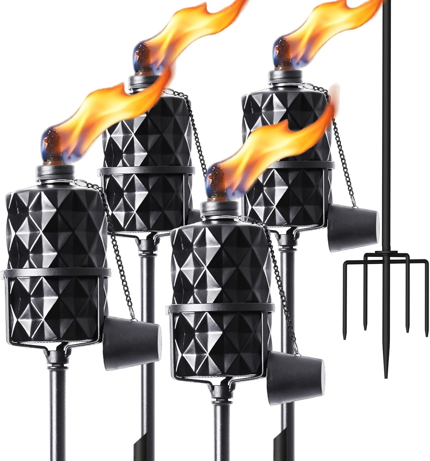 4 Pack Glass Citronella Torches, 13.5 oz Outdoor Garden Torch, 55 Inch 5-Prong Grounded Stake Torches, Metal Torches with Fiberglass Wick for Yard, Patio, Deck, Garden, Party, Landscape Decor