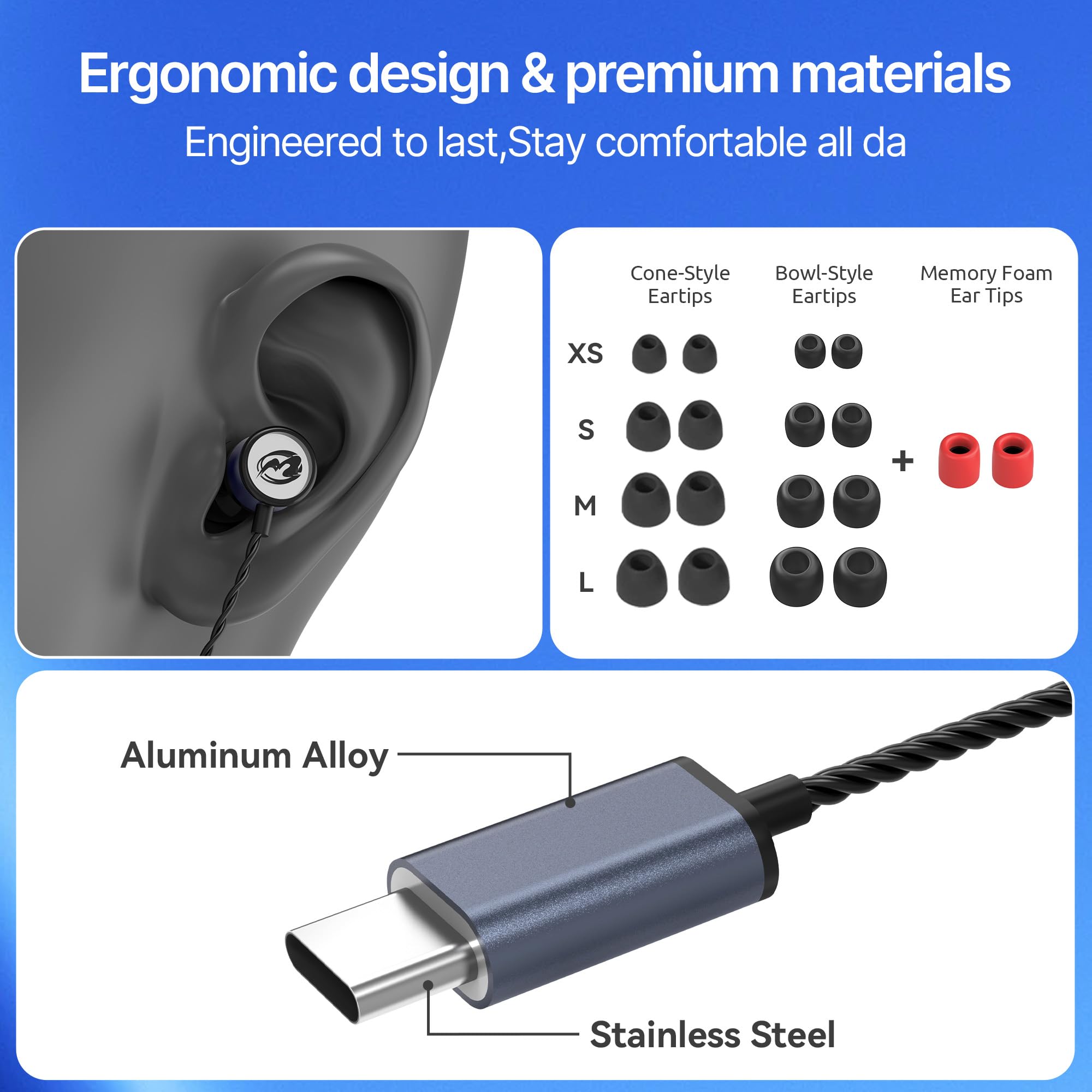 MORMOQUE EP09, cuffie stereo Hi-Fi USB C, auricolari in-ear con cavo di tipo C, con bassi profondi e microfono integrato, isolamento acustico, con cavo lungo 1,5 m, per amanti della musica, podcast e
