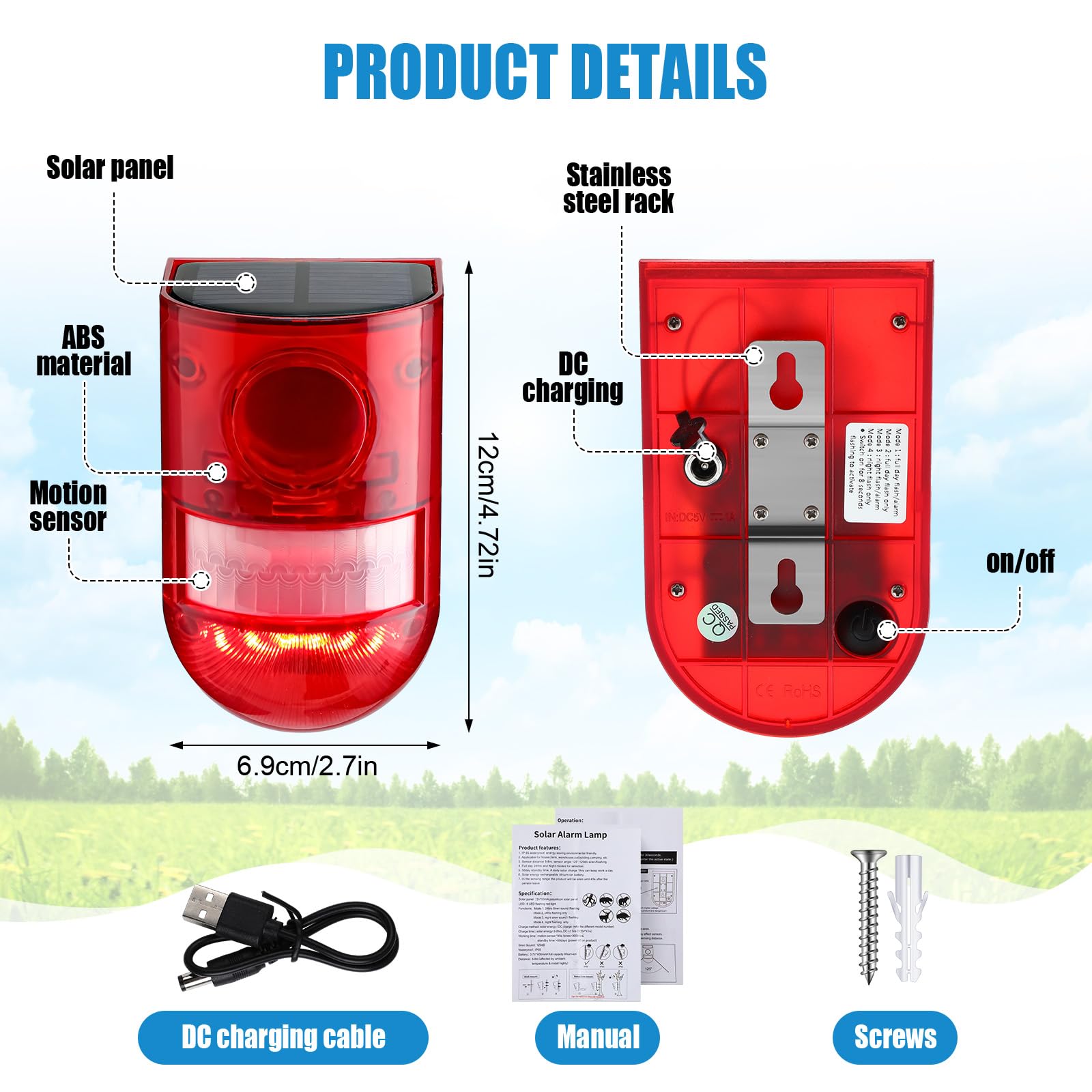 Qualirey Alarma solar de sonido y luz con sensor de movimiento, 129 dB, sirena de seguridad impermeable activada por movimiento, alarma con 6 LED, sistema de alarma estroboscópica de advertencia de