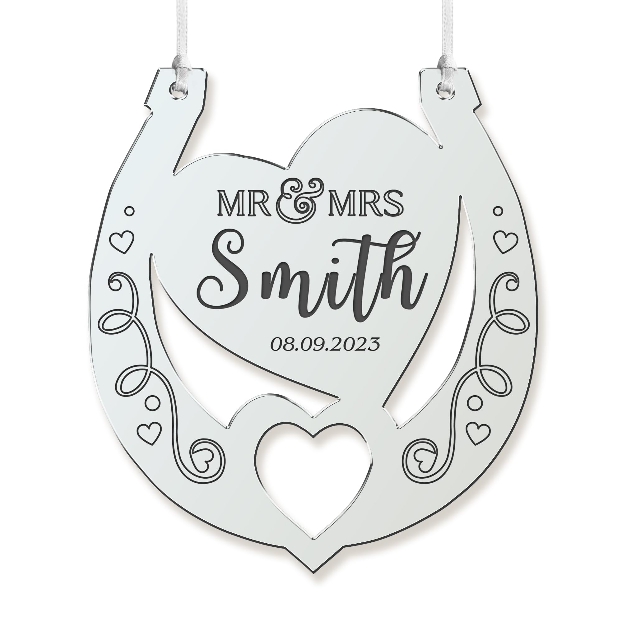 Personalised Wedding Horseshoes Horse Shoe Wedding Gift for Bride Mirrored Acrylic Horseshoe Mr & Mrs Wedding Bridal Good Luck Horseshoe Gift Engagement New Couple Gift(Silver Design 2)