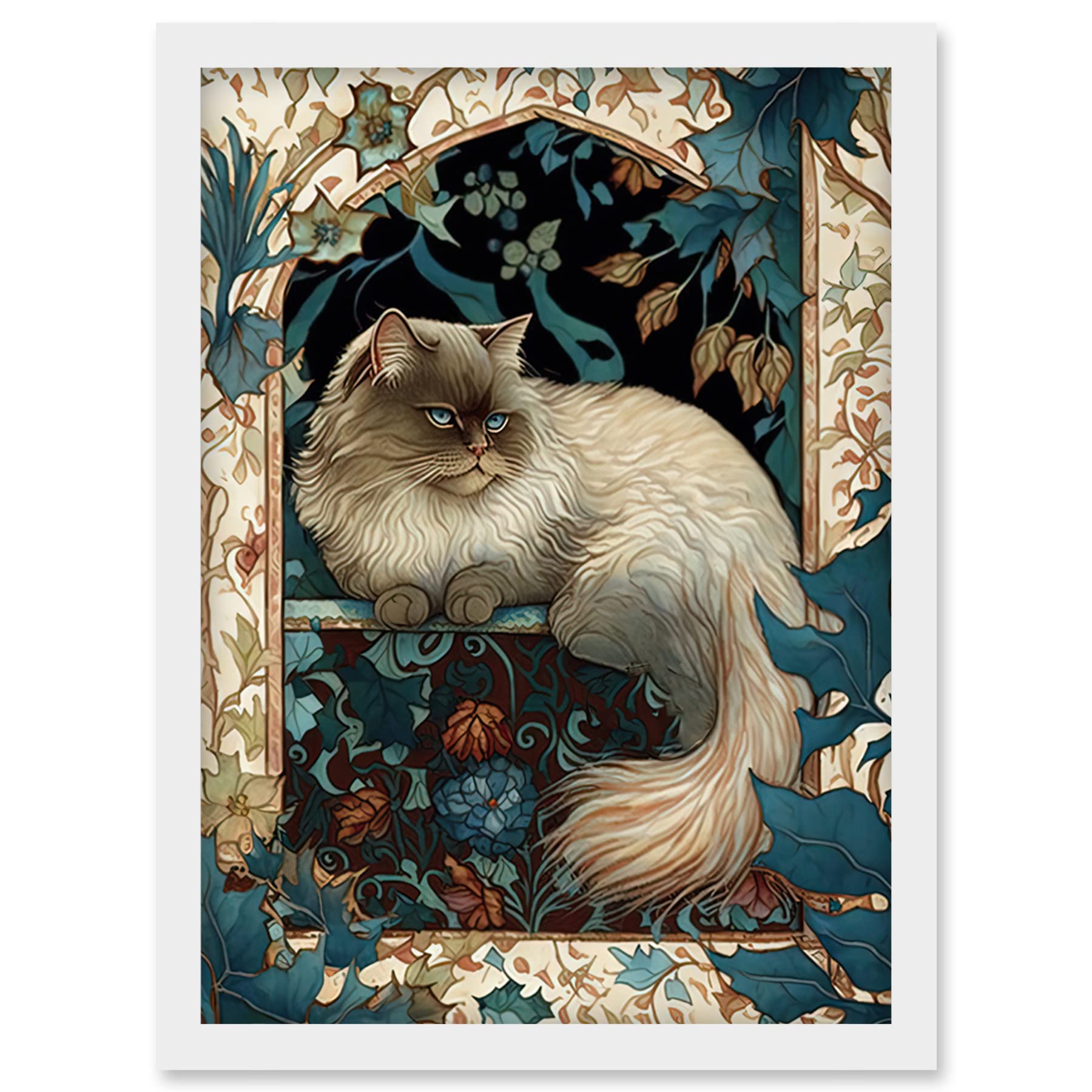 Artery8 Perched Himalayan Persian Cat Modern Art Nouveau Illustration Artwork Framed Wall Art Print A4