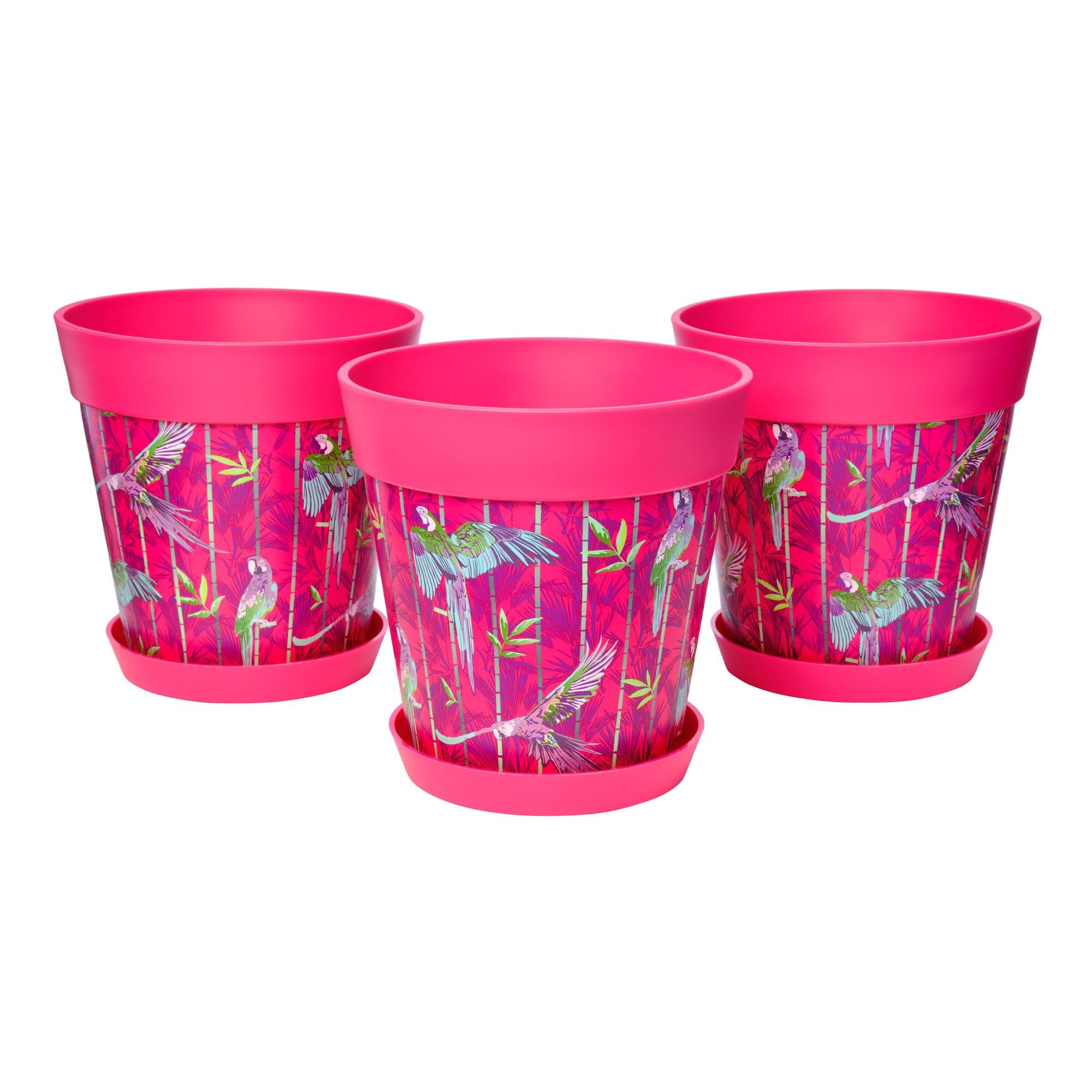 Hum Flowerpots Pink Parrots Set Of 3 Plastic, Indoor/Outdoor Plant Pots 22Cm Diameter And 3 Saucers 17Cm Diameter (Pink Parrots)