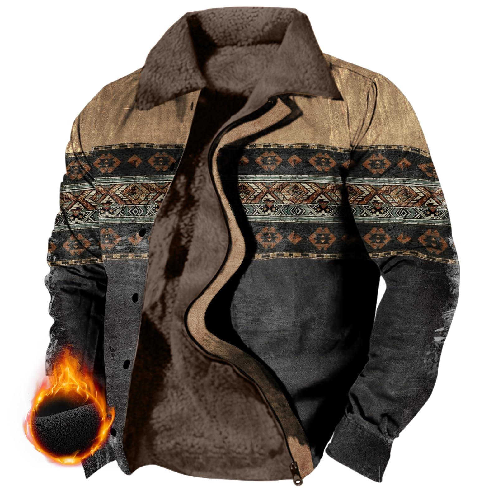 MARSVOVO Vintage Jacket Men Aztec Cowboy Hoodie Fleece Western Jacket Casual Warm Coat Long Sleeve Lapel Neck