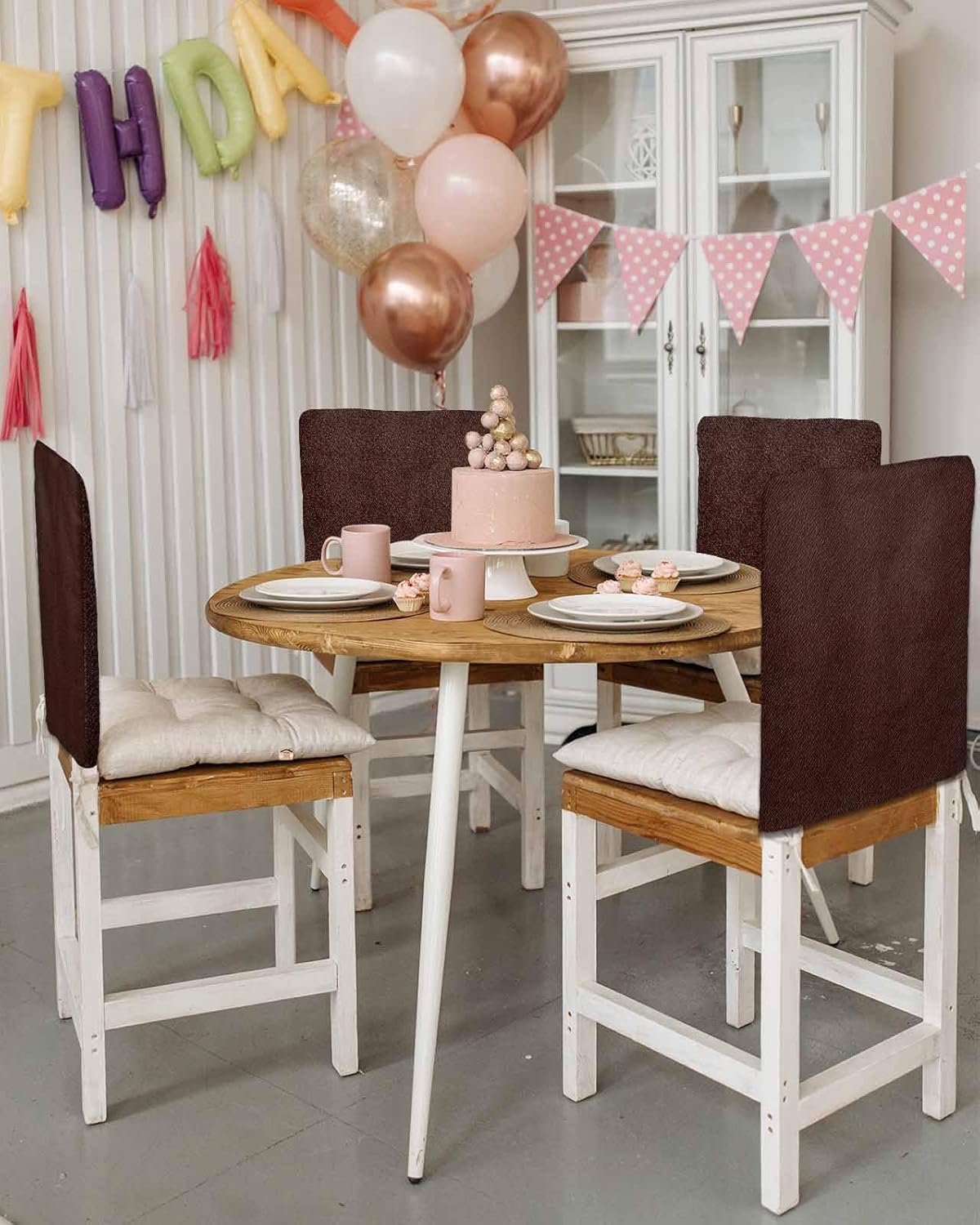 DecorLovee Brown Leather Texture Chair Back Cover, Dining Chair Protector Covers, Farmhouse Vintage Chair Covers Removable Chair Slipcovers for Weeding Banquet Party 19"x20", 6 Pack