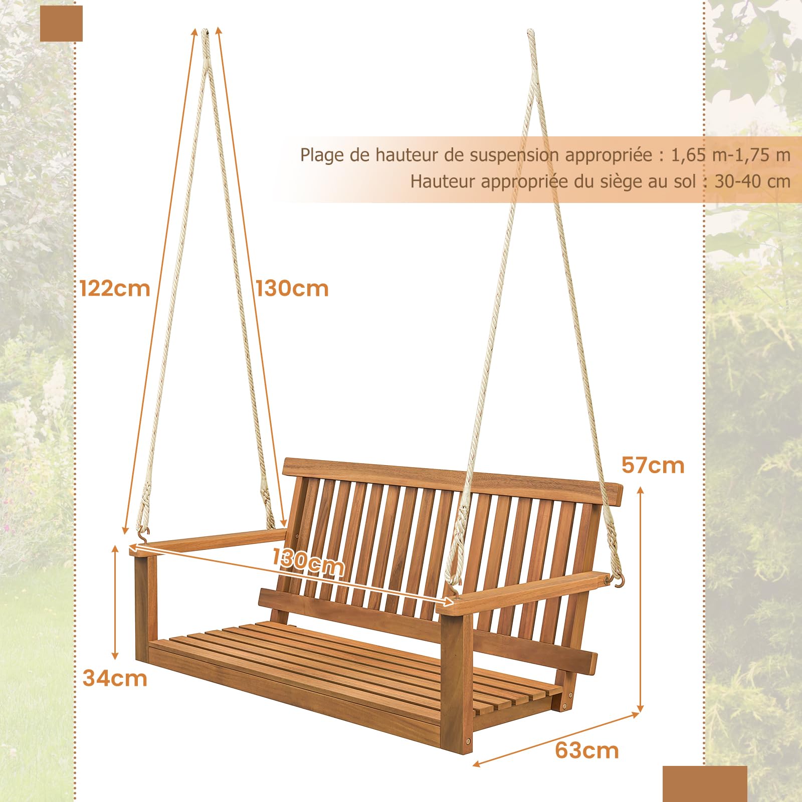 GOPLUS - Columpio de porche de 2 plazas de madera de acacia, silla colgante para 2 personas, asiento y respaldo con lamas, capacidad 360 kg, columpio para jardín, patio, 130 x 63 x 57 cm natural