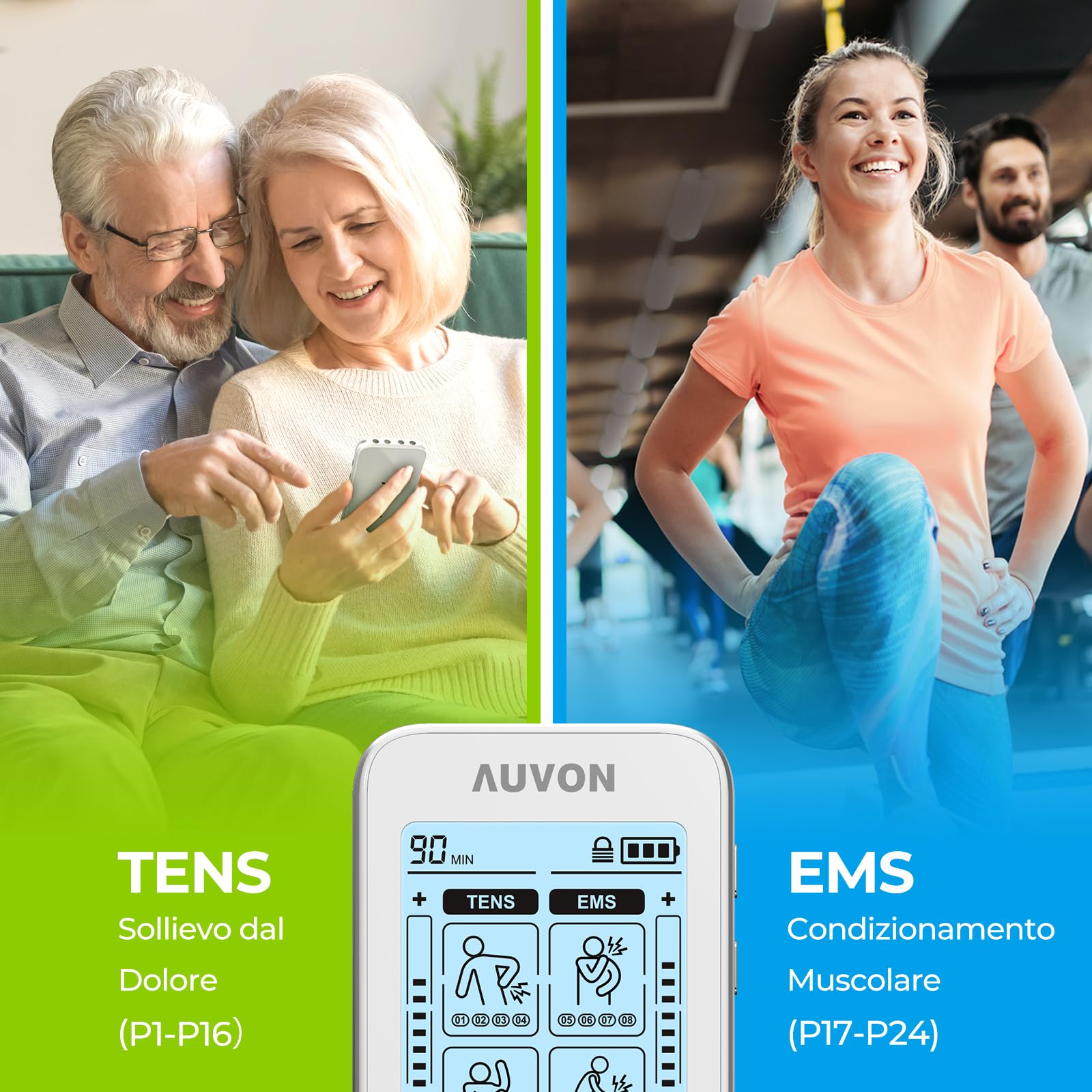 AUVON TENS EMS Elettrostimolatore, elettrostimolatore professionale a 4 Canale terapia antidolorifica con 24 modalità e 10 pezzi di Elettrodi TENS da 2"x 2" con un design brevettato (Bianchi)