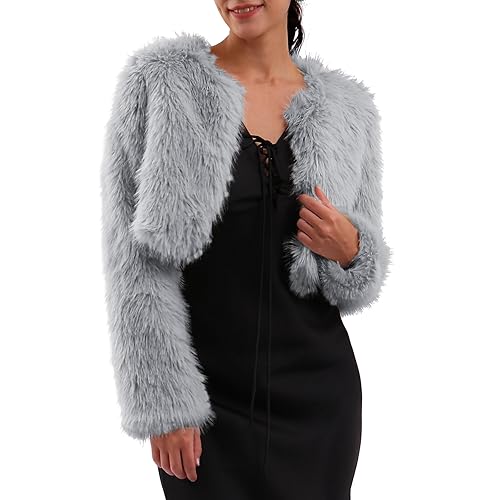 Amazhiyu Women's Faux Fur Cropped Coat Long Sleeve Open Front