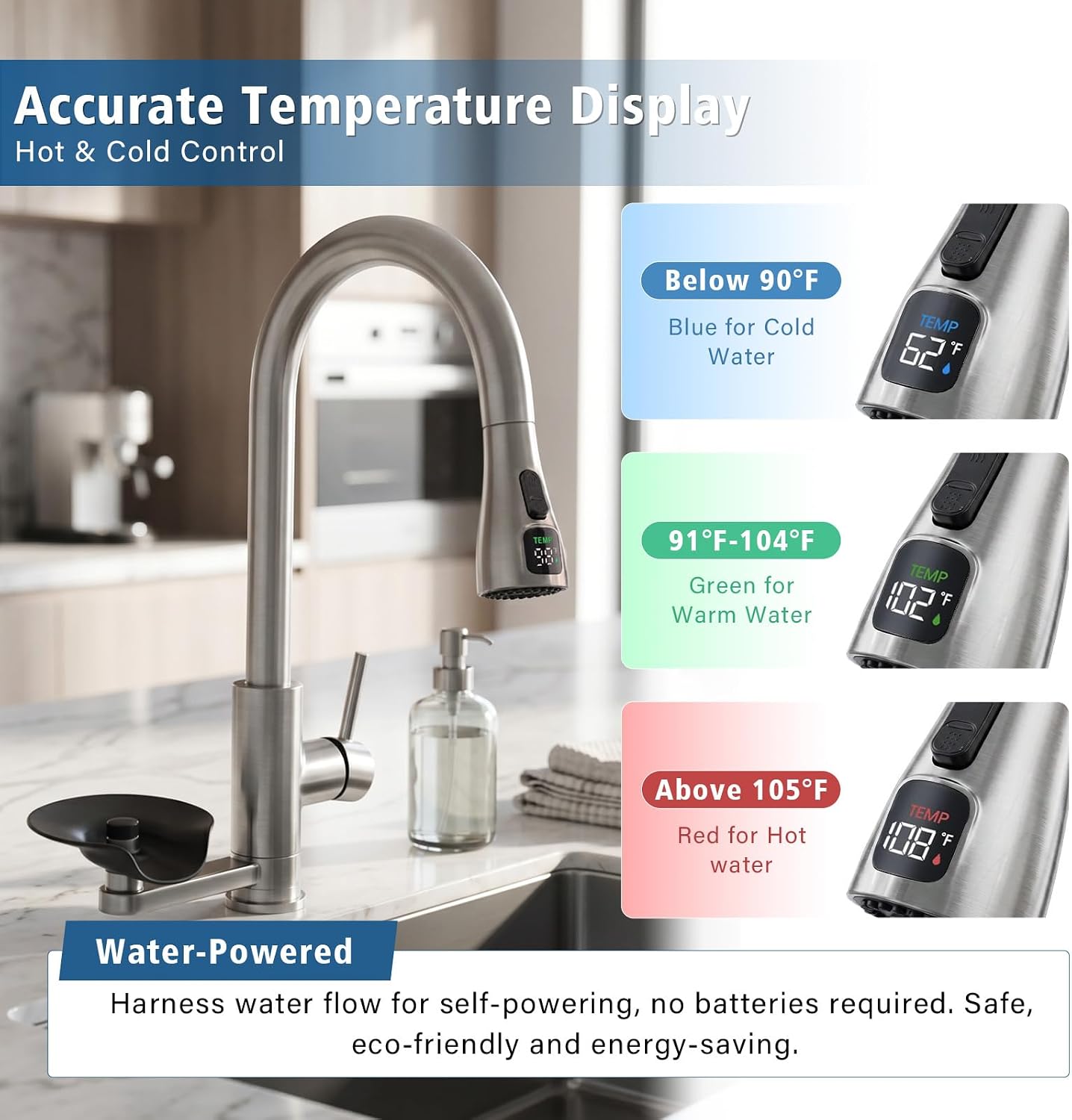 Kitchen Sink Faucet Sprayer Head Replacement, LED Temperature Sensitive Display Pull Down Pull Out Faucet Nozzle (Brushed Nickel)
