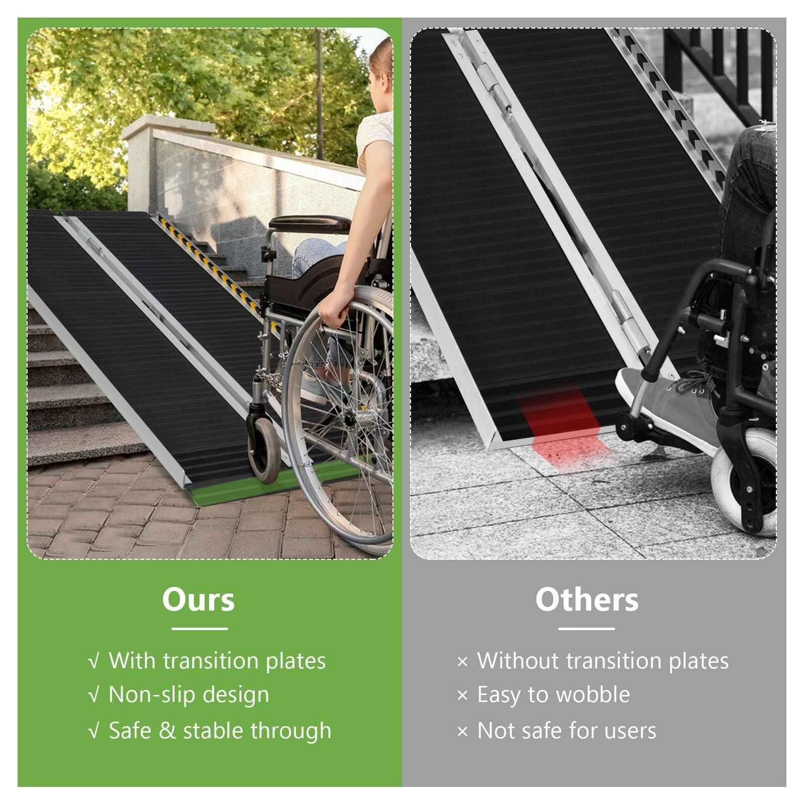 Rampa plegable portátil de aluminio para silla de ruedas con placa de transición y calcomanías reflectantes, umbral antideslizante para escalones y escaleras del hogar, capacidad de 272 kg