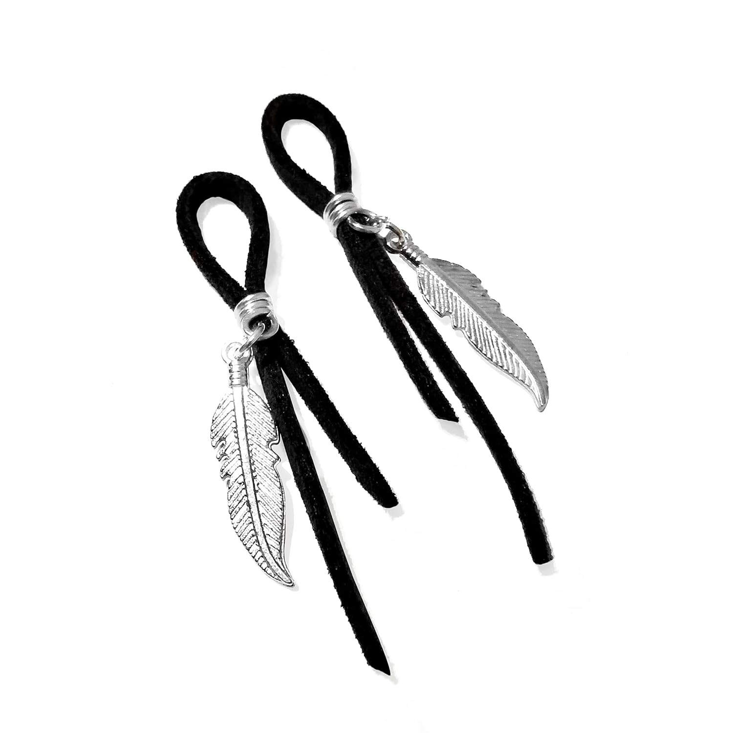Black Leather Non Pierced Nipple Noose Ring Silver Feather