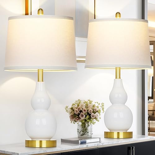 Juego de 2 lámparas de mesa de cerámica de 25 pulgadas, modernas lámparas de mesa de cerámica de doble calabaza para sala de estar, lámparas