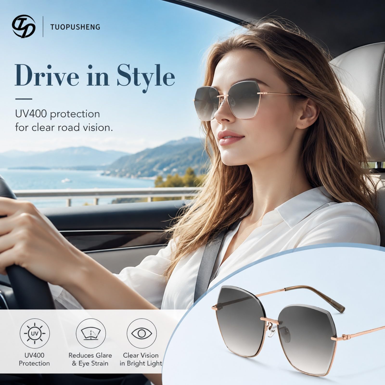 LVJMJ - Gafas de sol de nailon sin montura para hombre y mujer, UV400 Cat 3, montura dorada, lentes degradadas para conducción