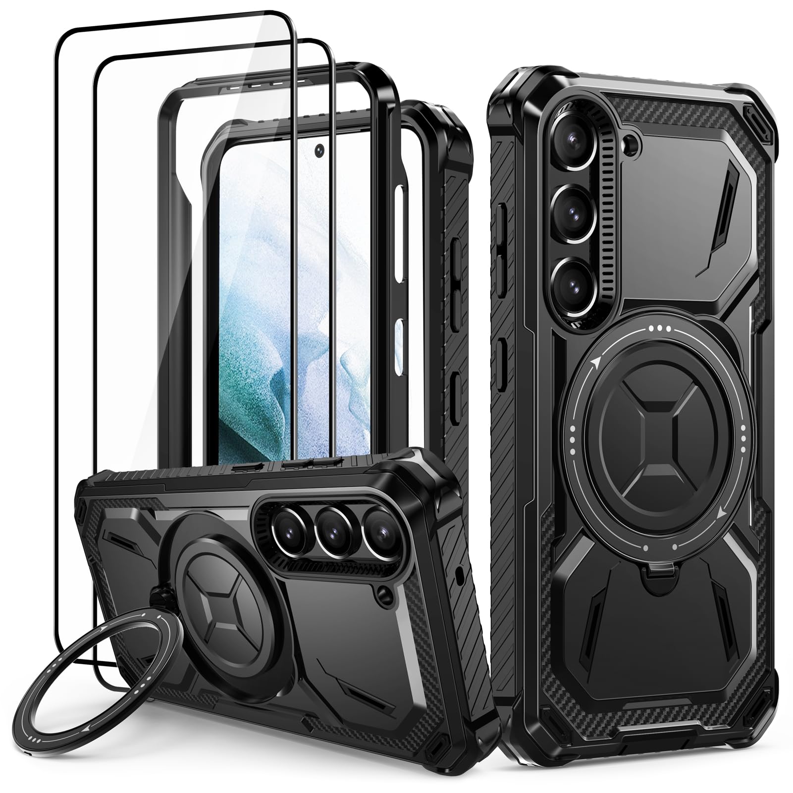 Lanhiem Cover per Samsung S21 5G, Magnetica con Anello, Militare 14FT Antiurto Resistente, Protezione Completa del Corpo a 360°con 2 Vetro Temperato, Heavy Duty Custodia per Samsung Galaxy S21, Nero