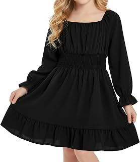 JiAmy Girls' Dress Square Neck Long Sleeve Autumn A Line Dresses Kids Casual Elegan…