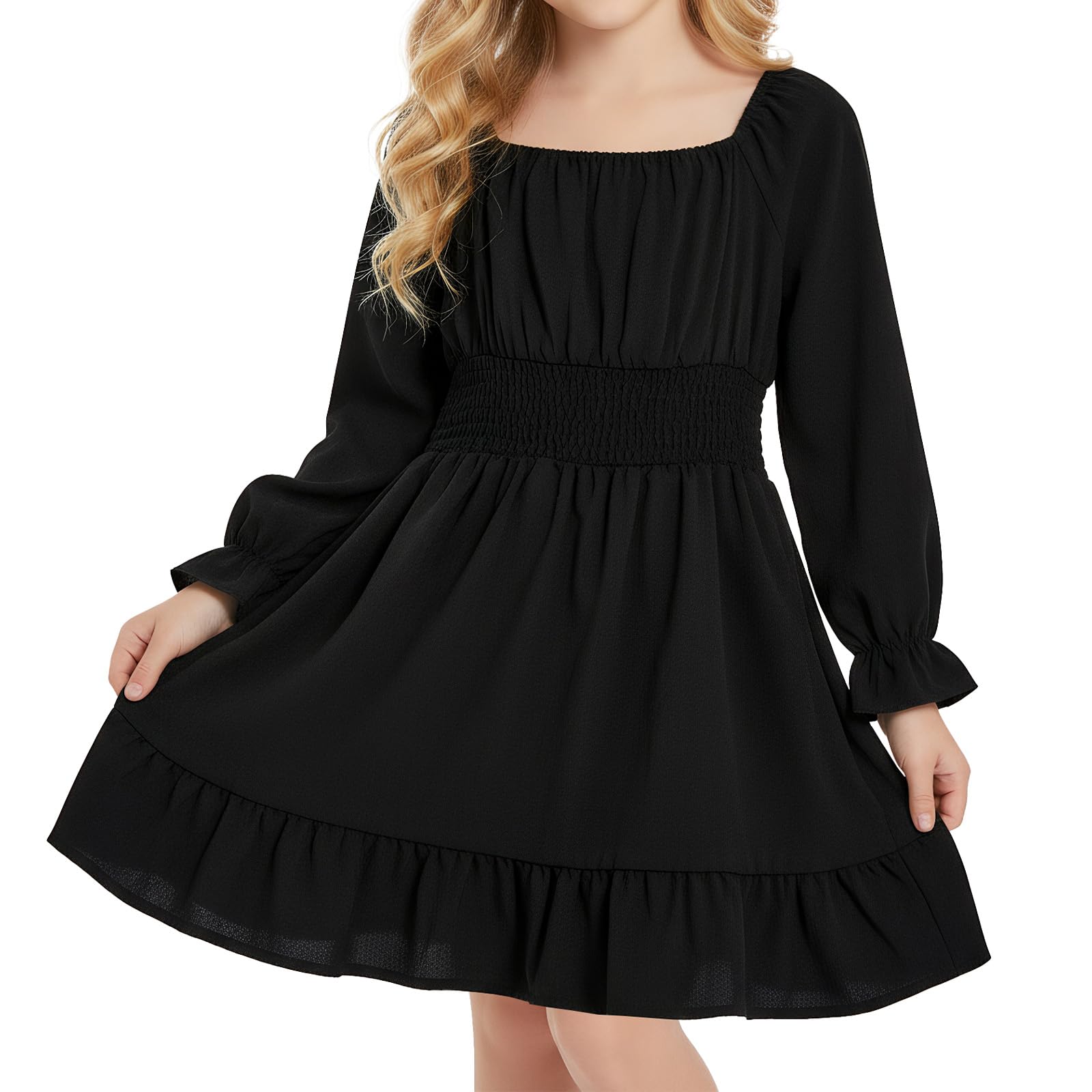 JiAmy Mädchen Kleid Quadratischer Ausschnitt Langarm Herbst A Linie Kleider Kinder Casual Elegante Party Prinzessin Festlicheskleid für Mädchen 5-13 Jahre
