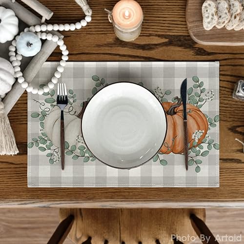 Miniatura 2 de Artoid Mode Juego de 6 manteles individuales de otoño con diseño de calabazas naranjas, hojas de eucalipto, 12 x 18 pulgadas, para decoración de