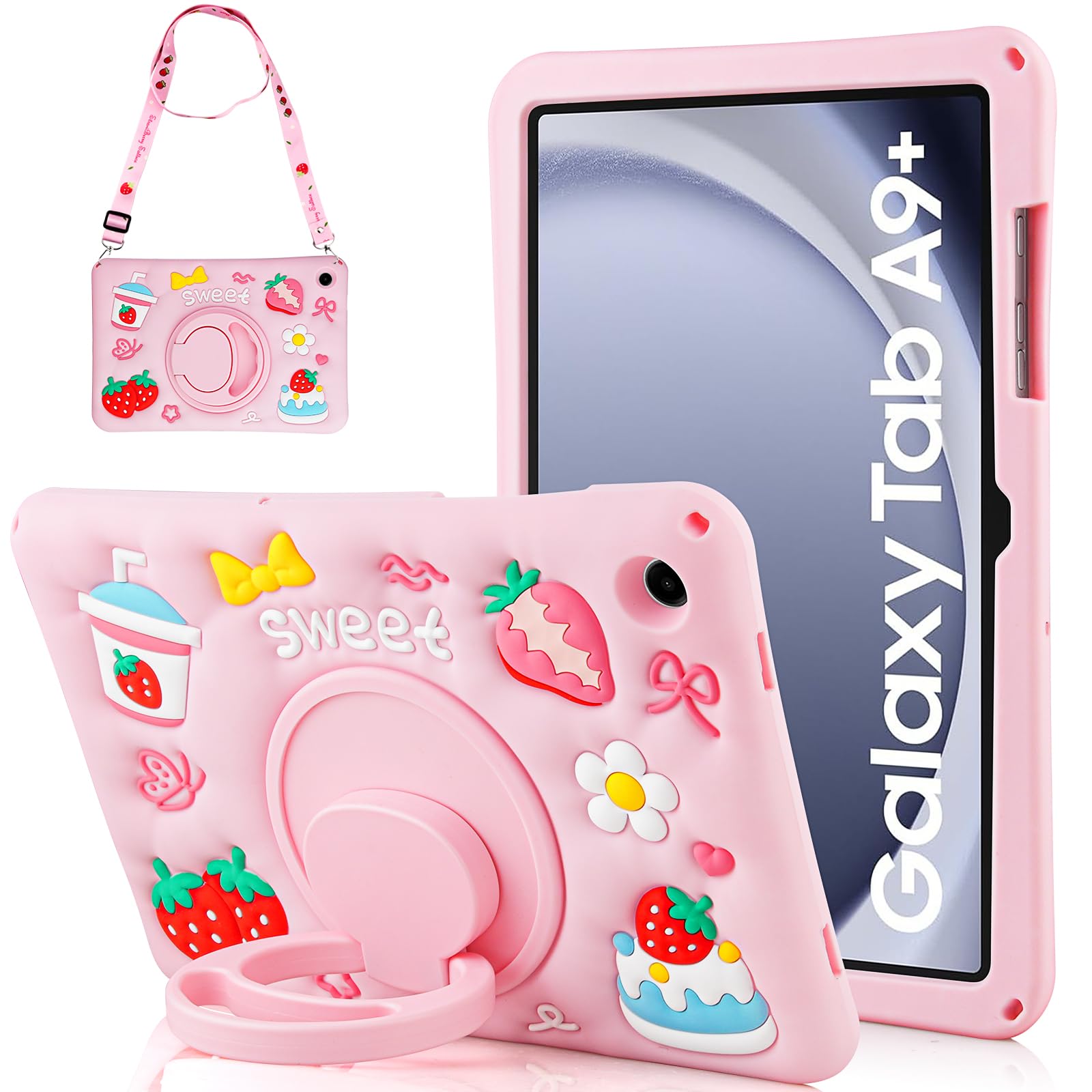 Coque pour Samsung Galaxy Tab A11+ Plus 2025/A9+ Plus 11 Pouces 2025/2023 pour Enfants Filles Protection Antichoc pour Samsung A11+ avec Sangle Ajustable/Support Rotatif à 360°-Rose