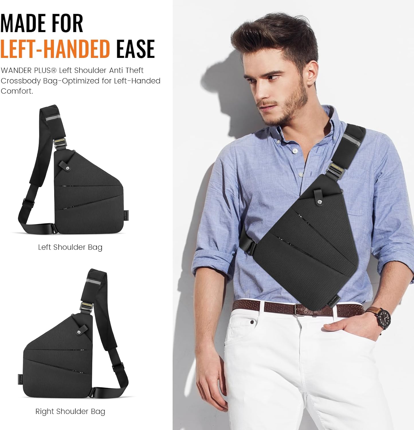 WANDER PLUS® Left Shoulder Anti Theft Crossbody Travel Bag for Women Men, Slim Sling Bag with Adjustable Strap - Image 3