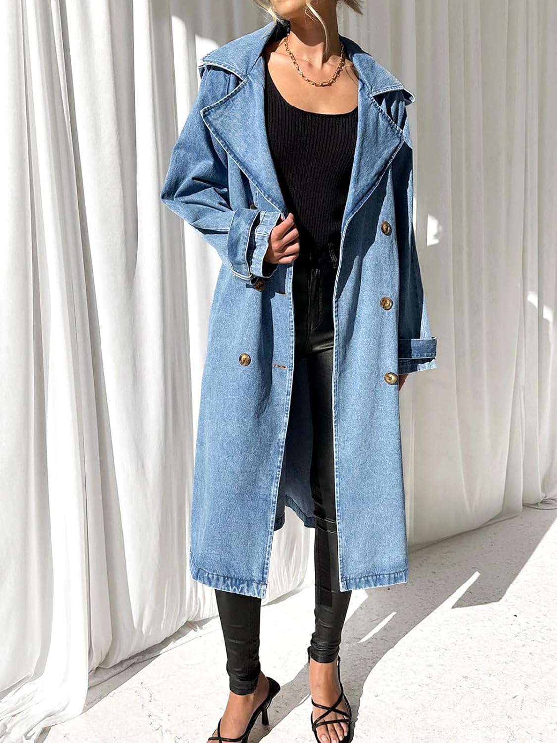 Fazortev Women's Long Double Breasted Denim Jacket Oversized Button Down Maxi Jean Coat Classic Lapel Outercoat - Image 3