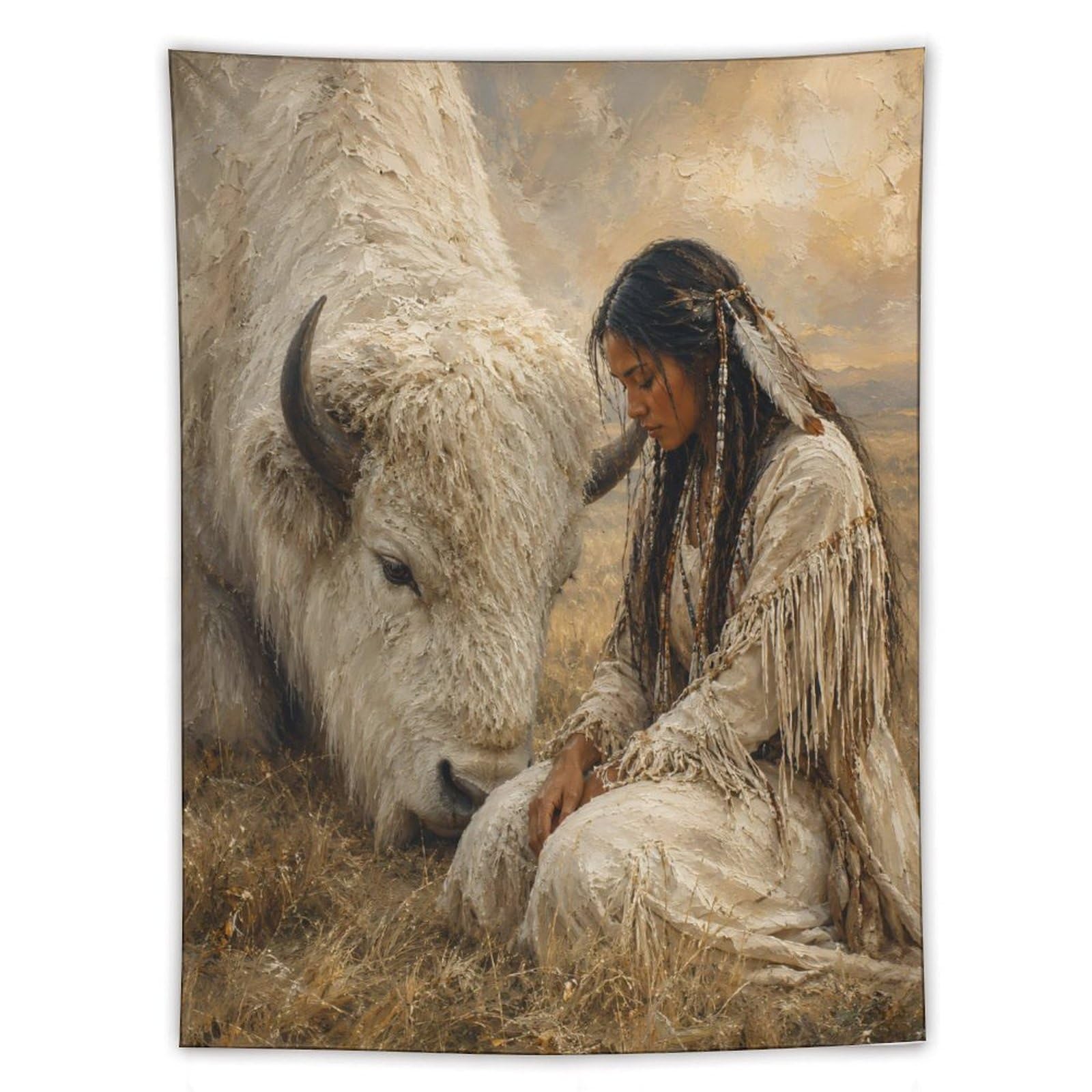 W7C8U2X3 White Buffalo Woman Portrait Wall Tapestry, Backdrop