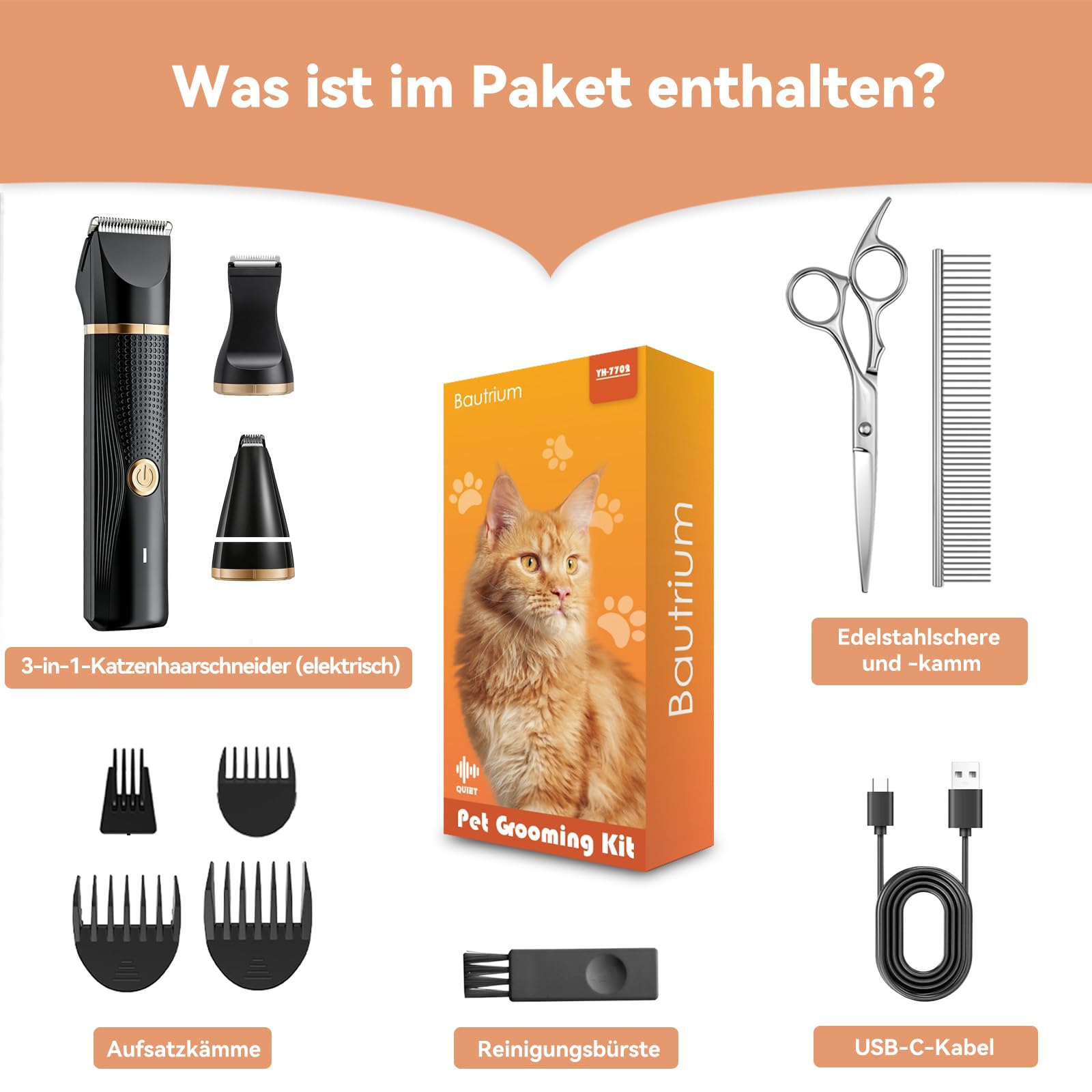 Leise Schermaschine Katze Set,Profi Haarschneidemaschine für Katzen Hunde Verfilztes Fell Pfotenhaare mit Pflegeschere & Kamm,USB-C-Aufladung, Schwarz