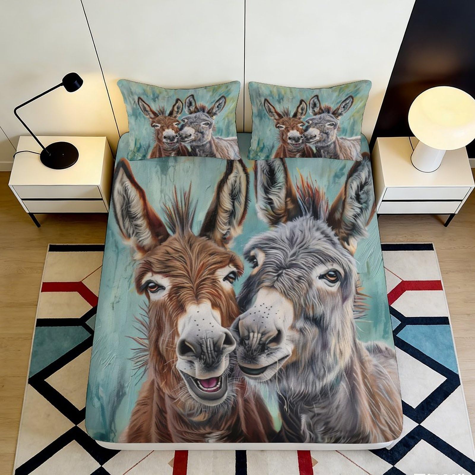 3D Printed Donkey Pattern Fitted Sheet Microfiber Non-Slip Deep Pocket Bedroom Decor Donkey Mattress Fitted Cover Washable Elastic Hem 90x200x25cm