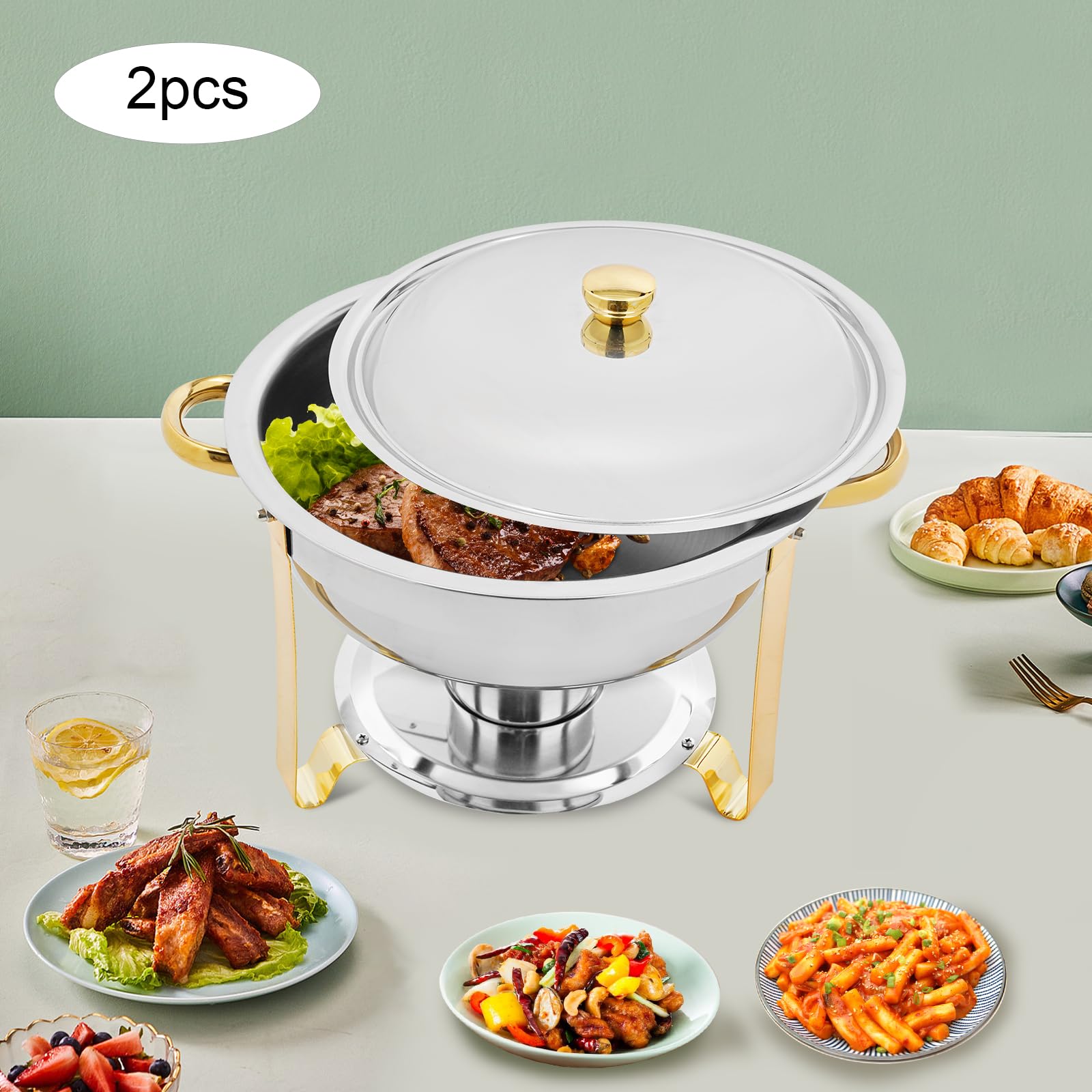 Chafing Dish - Set di 2 scaldavivande da buffet, in acciaio inox, 4,5 l, rotondi, per catering, riscaldamento, raffreddamento, con coperchio in vetro, per matrimoni, ristoranti