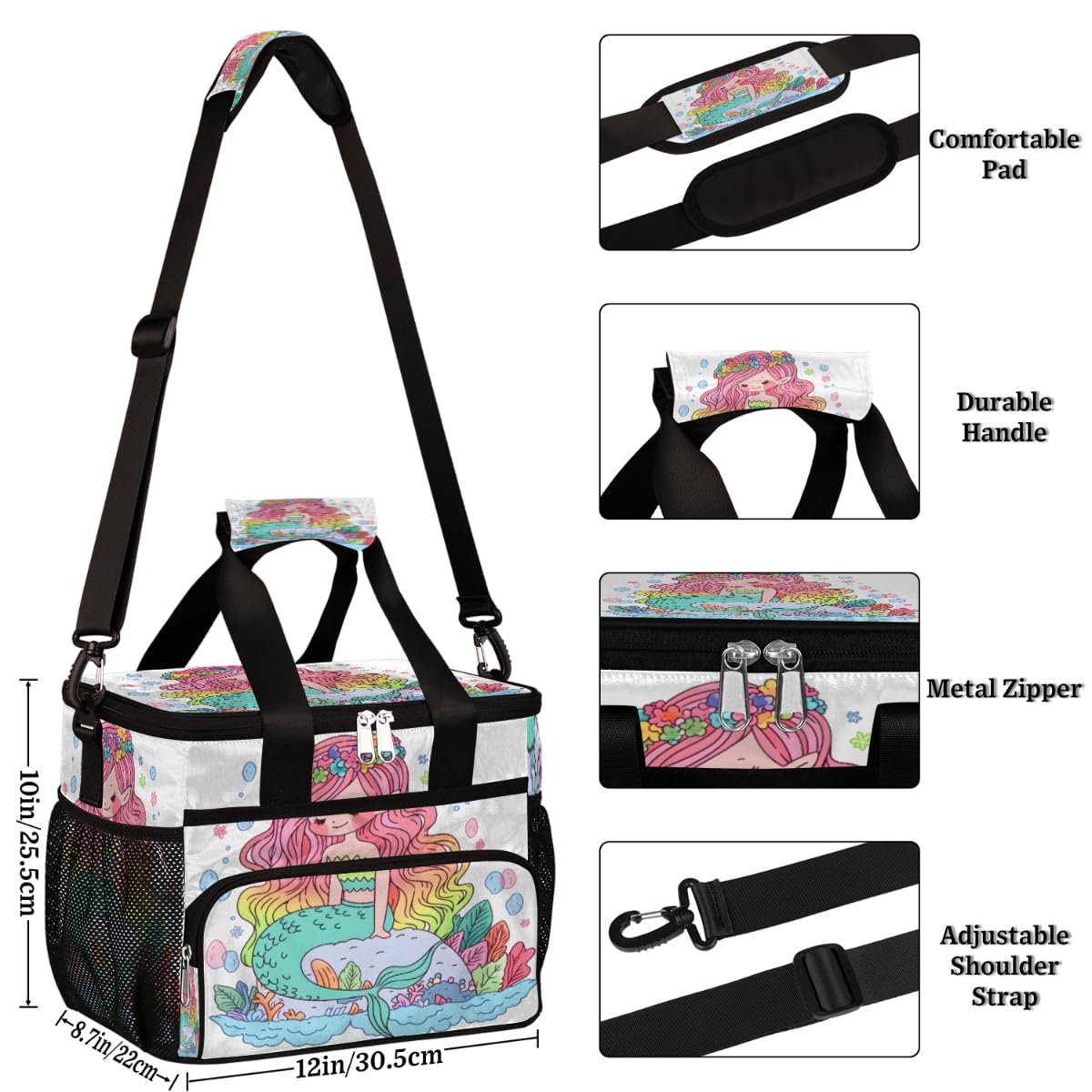 Mermaid Insulated Picnic Backpack Lunch Box for Women Men Picnic Basket Tote Lunch Bag Picnic Bag Portable Lunch Bags for Picnic, Beach, Work, Trip,Office, Camp Floral Mermaid