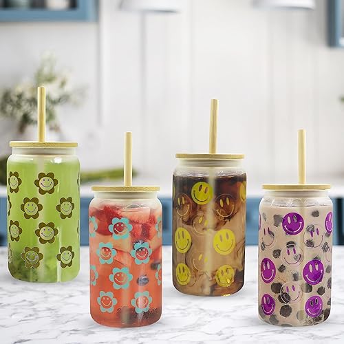 Miniatura 4 de Juego de 4 vasos de vidrio por sublimación, 16 onzas, vaso de cerveza con tapas y pajita, vasos de vidrio esmerilado con tapas y pajitas, vaso de