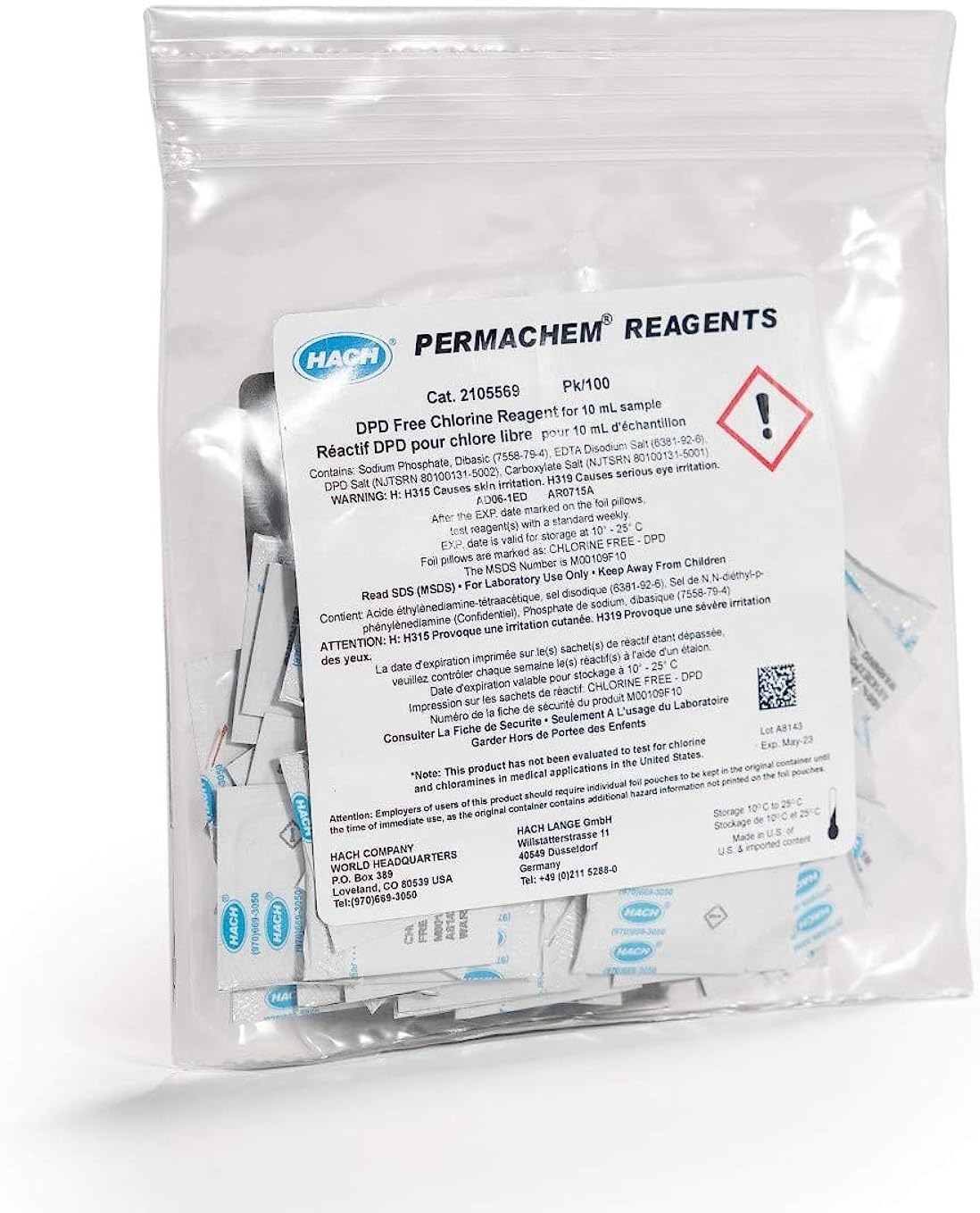 - Hach DPD Free Chlorine Reagent Powder Pillows, 10 mL, Pack of 100, Range from 0.02-2.00 mg/L Cl₂, USEPA Accepted Method 8021, Drinking Water and Wastewater Analysis, for Use with Colorimeter, 2105569