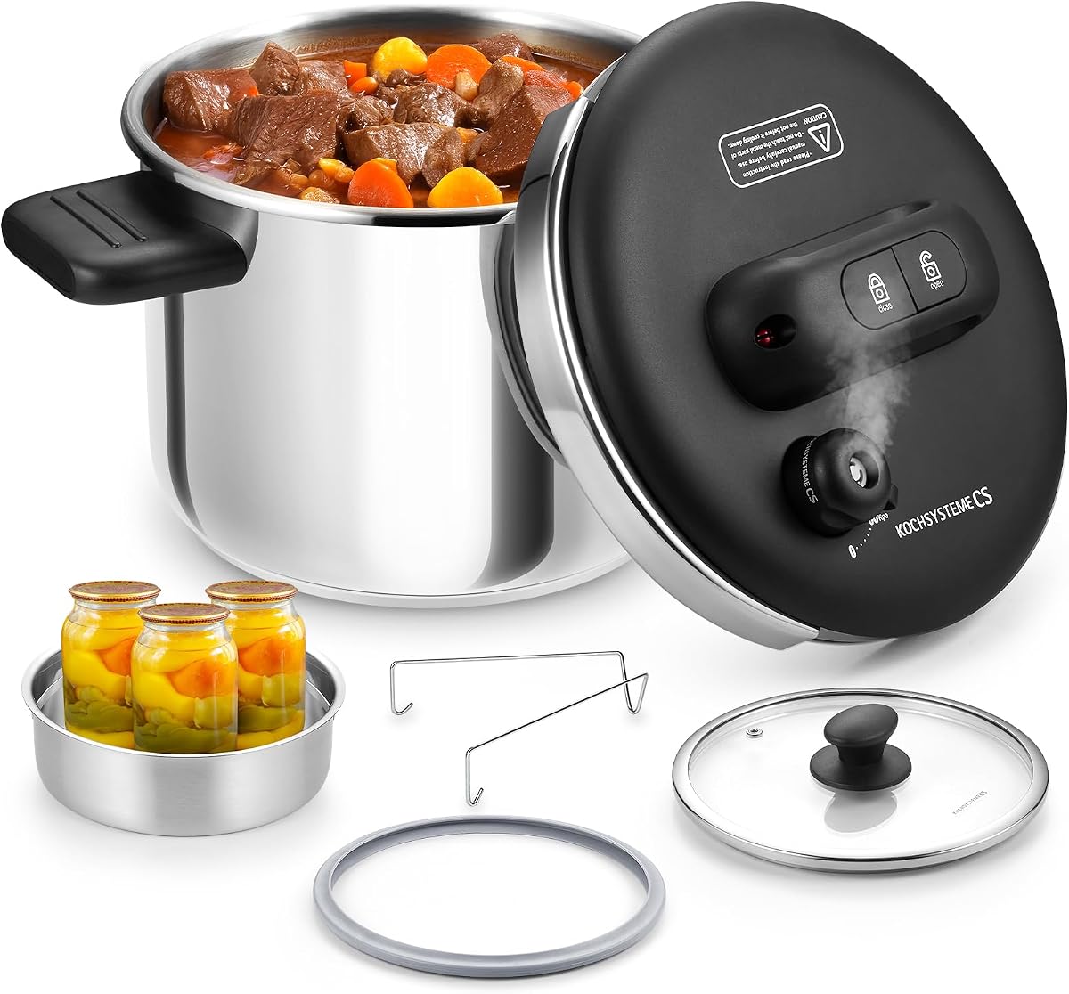 KOCH SYSTEME CS Stainless Steel Pressure Cooker 8.5QT, Olla de Presion, Easy One-Press Locking Button, Pressure Cooker Stainless Steel, Induction Compatible, with Glass Lid & Steamer