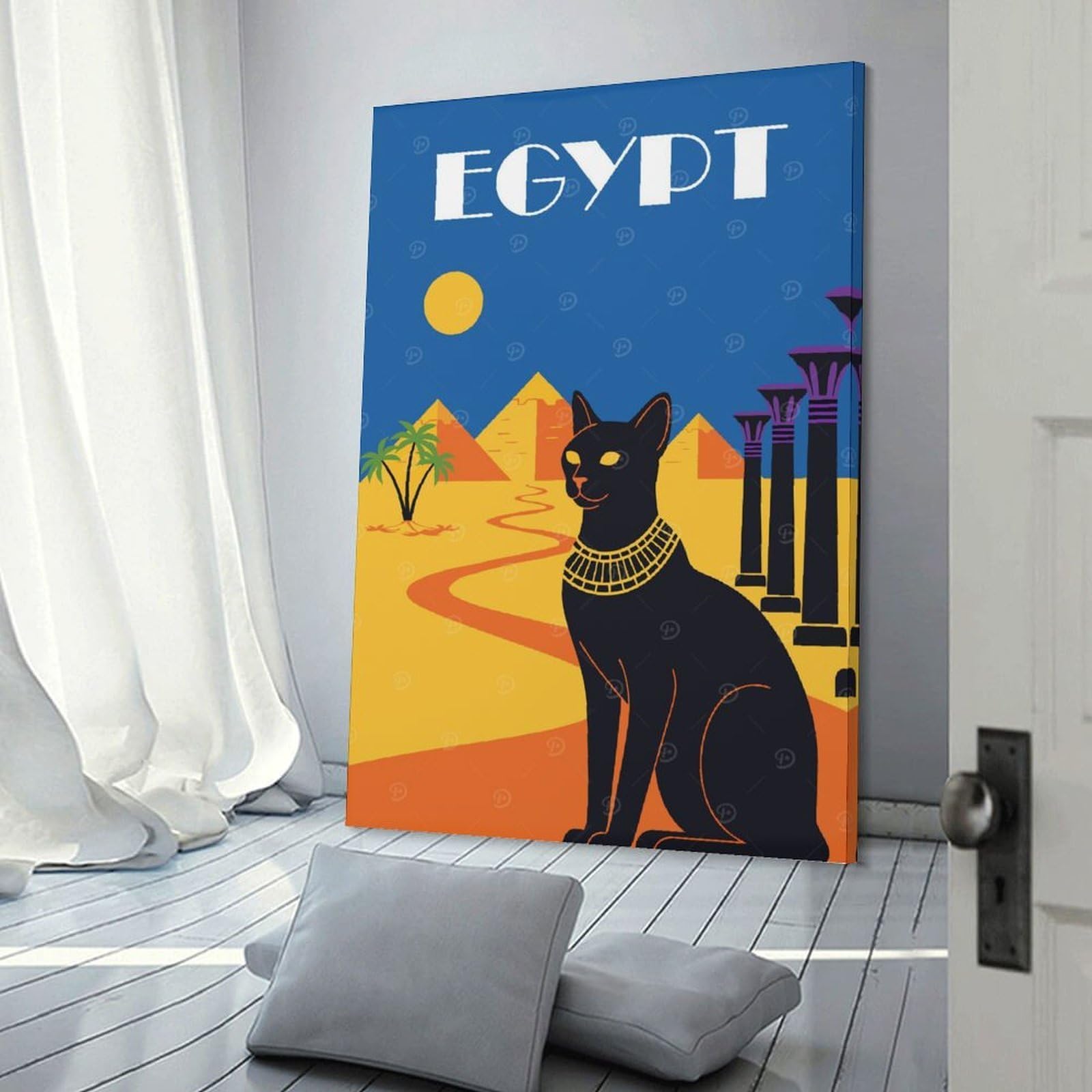 Junmoney Frame-Style-17-1 Egypt Black Cat Hanging Wall Art, 16X24inch(40X60cm), For Entrance Walls, Hall Decor Or Foyers, Wall Decor To Refresh Empty Corners