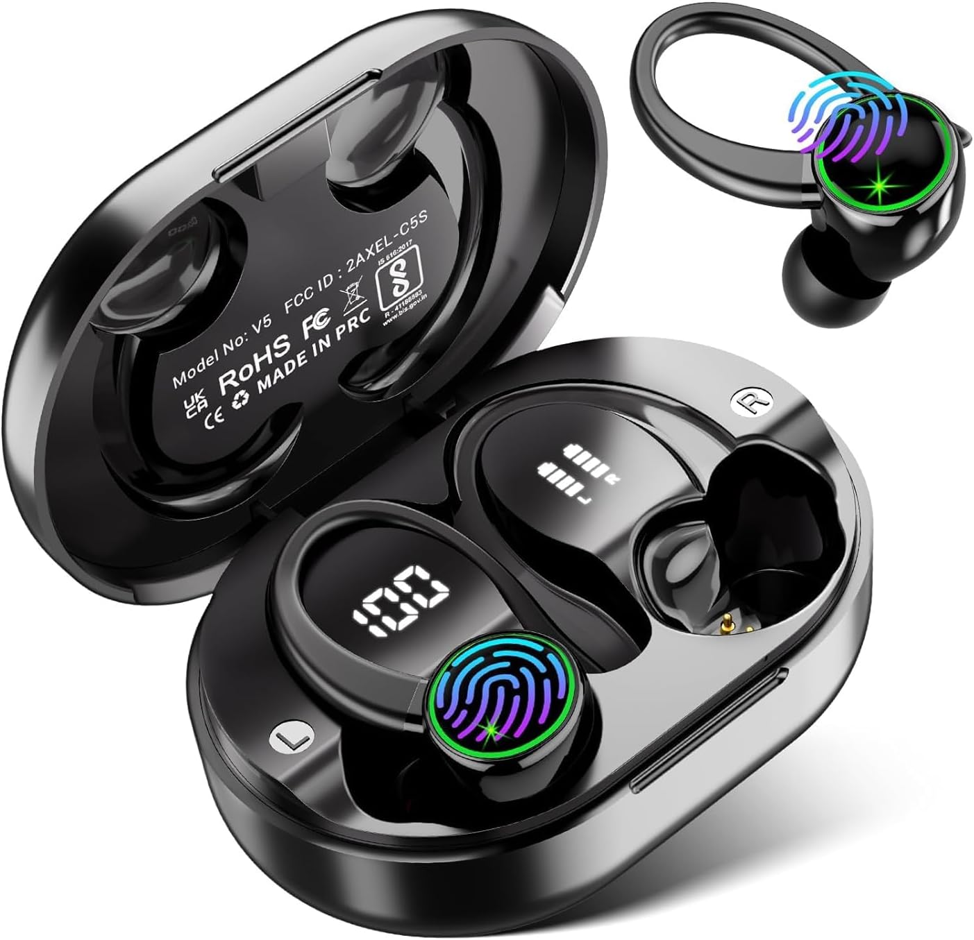 EDYELL Bluetooth in Ear Earphones with Earhooks, Wireless Earbuds with Noise Cancelling Mic, 50H Playback, BT5.3 Headphones Touch Control, IPX5 Waterproof Fitness Headset for Sports Running,V5