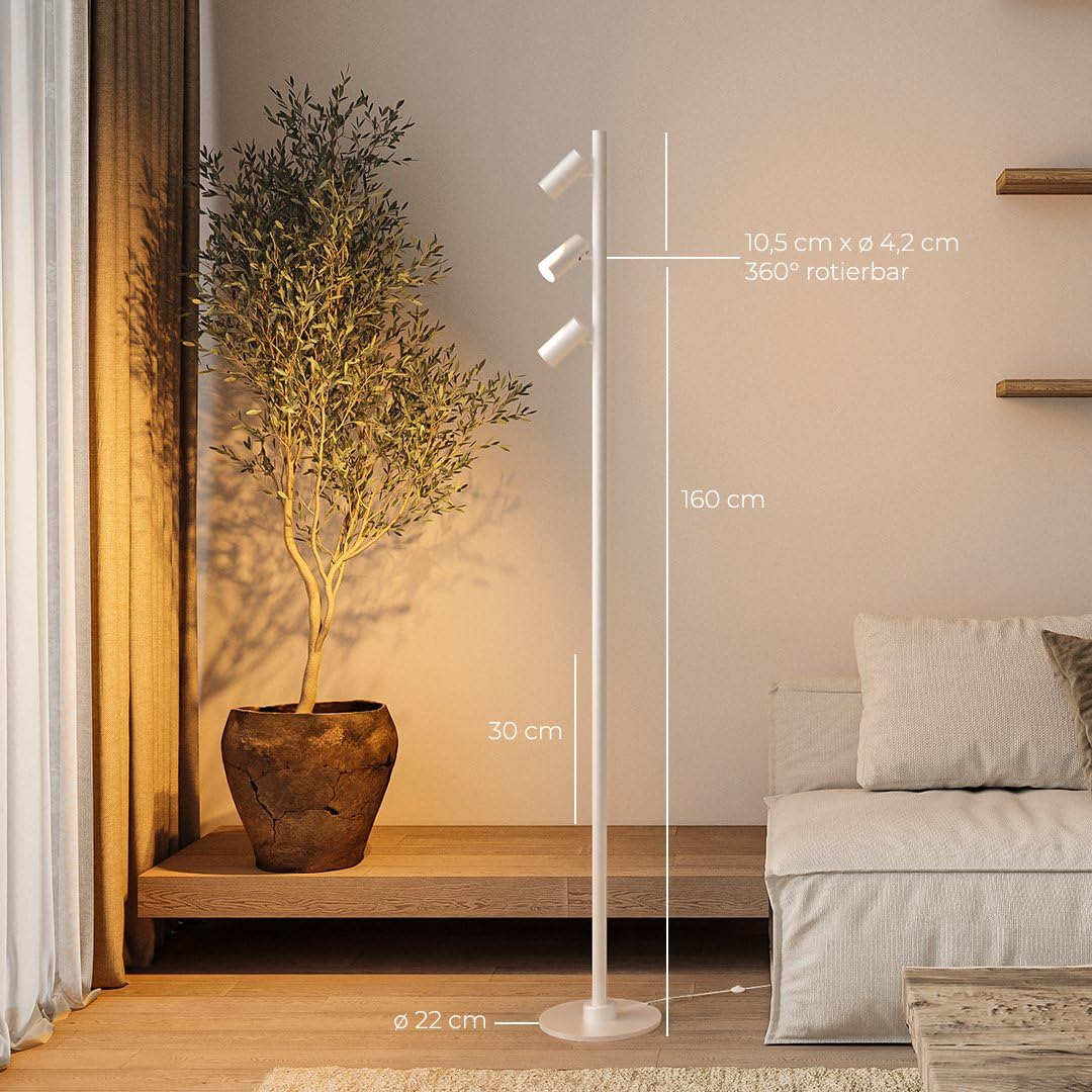 NEONA ARCA 7 LED Stehlampe mit Click & Connect-System, Modulare Stehleuchte 160 cm mit 3x 360° Spot & Beam, Warmweiß 2700K Wohnzimmer Leseleuchte (Weiß)