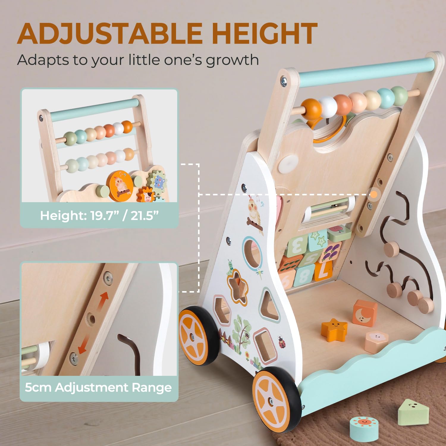 Girello in legno con ruote, centro attività Montessori per bambini, velocità e altezza regolabili, giocattolo educativo per camminare a spinta, regalo per 1+ anni